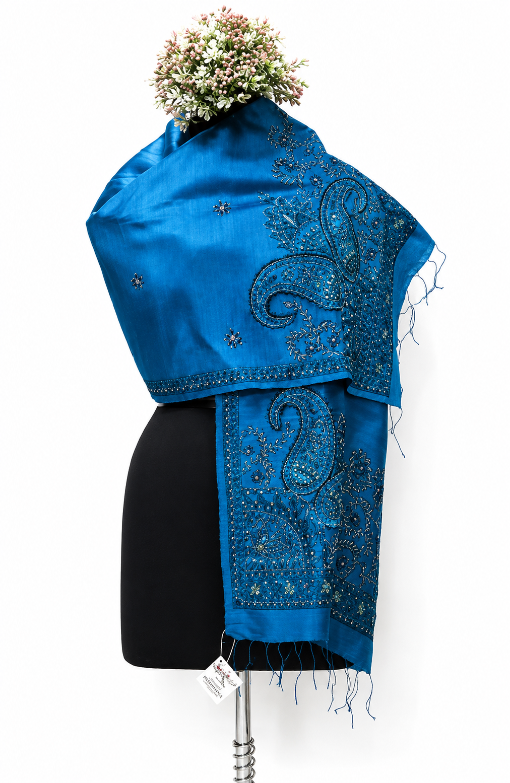 Handpainted Madhubani Dupion Silk Stole with Sujani & Flora-Fauna Motifs