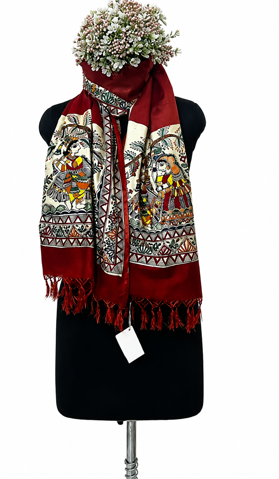 Handpainted Madhubani Cotton Silk Stole in Red-Radha Krishna Theme