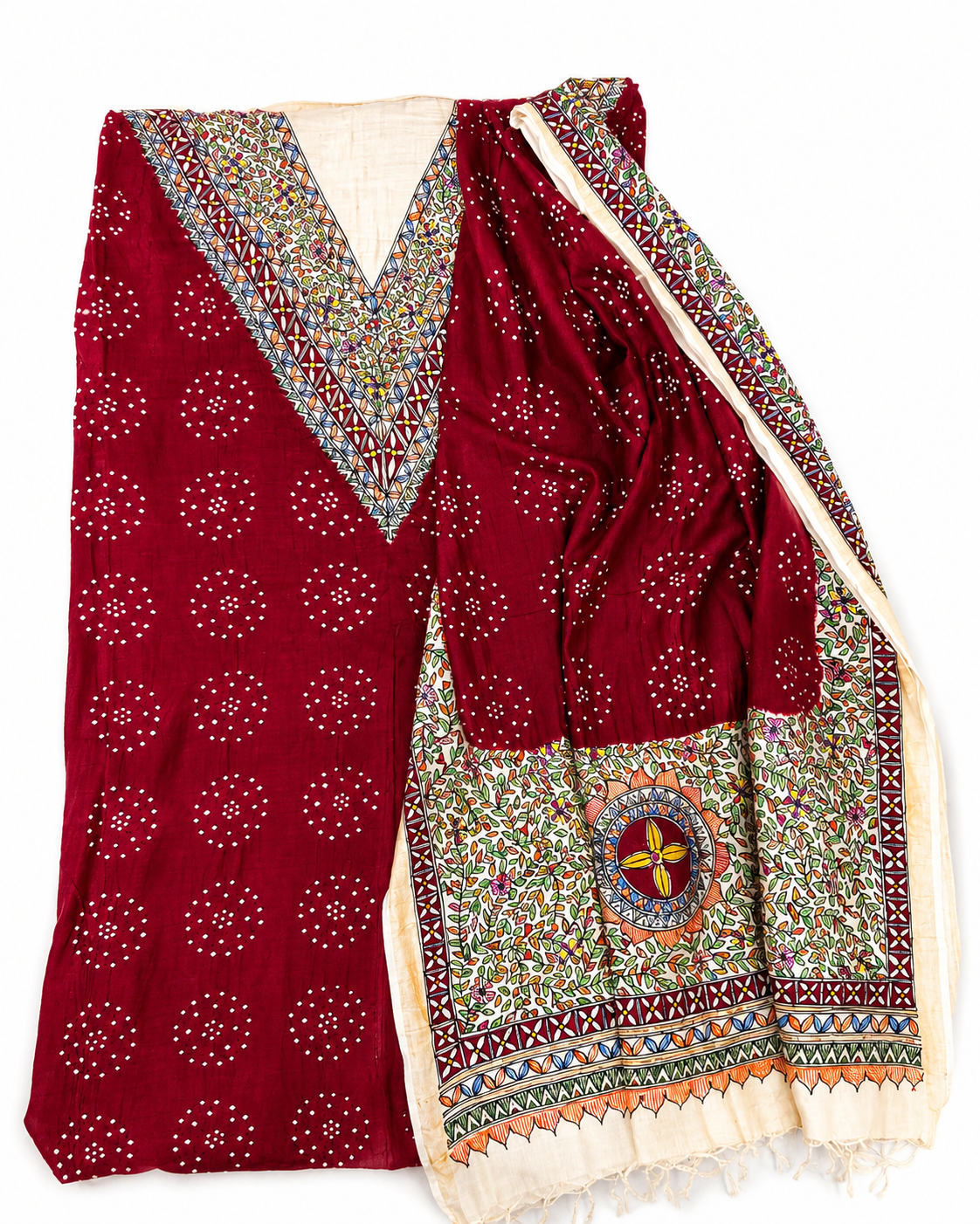 Unstitched Hand-Painted Elegant Madhubani Print Tussar Munga Silk Suit Set with Designer Dupatta