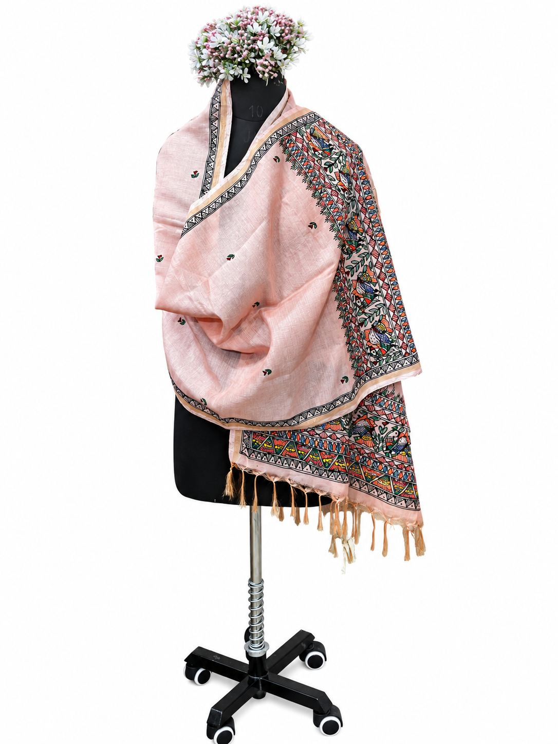 Premium Peach Pink Katan Silk Hand-Painted Madhubani Bird Motif Stole with Floral Butis