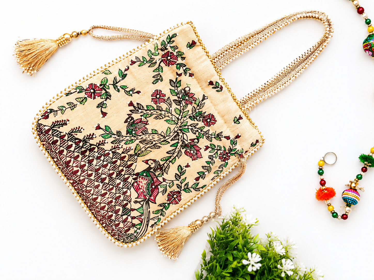 Hand-Painted Madhubani Tree of Life Potli on Beige Cream with Earthy Floral Print