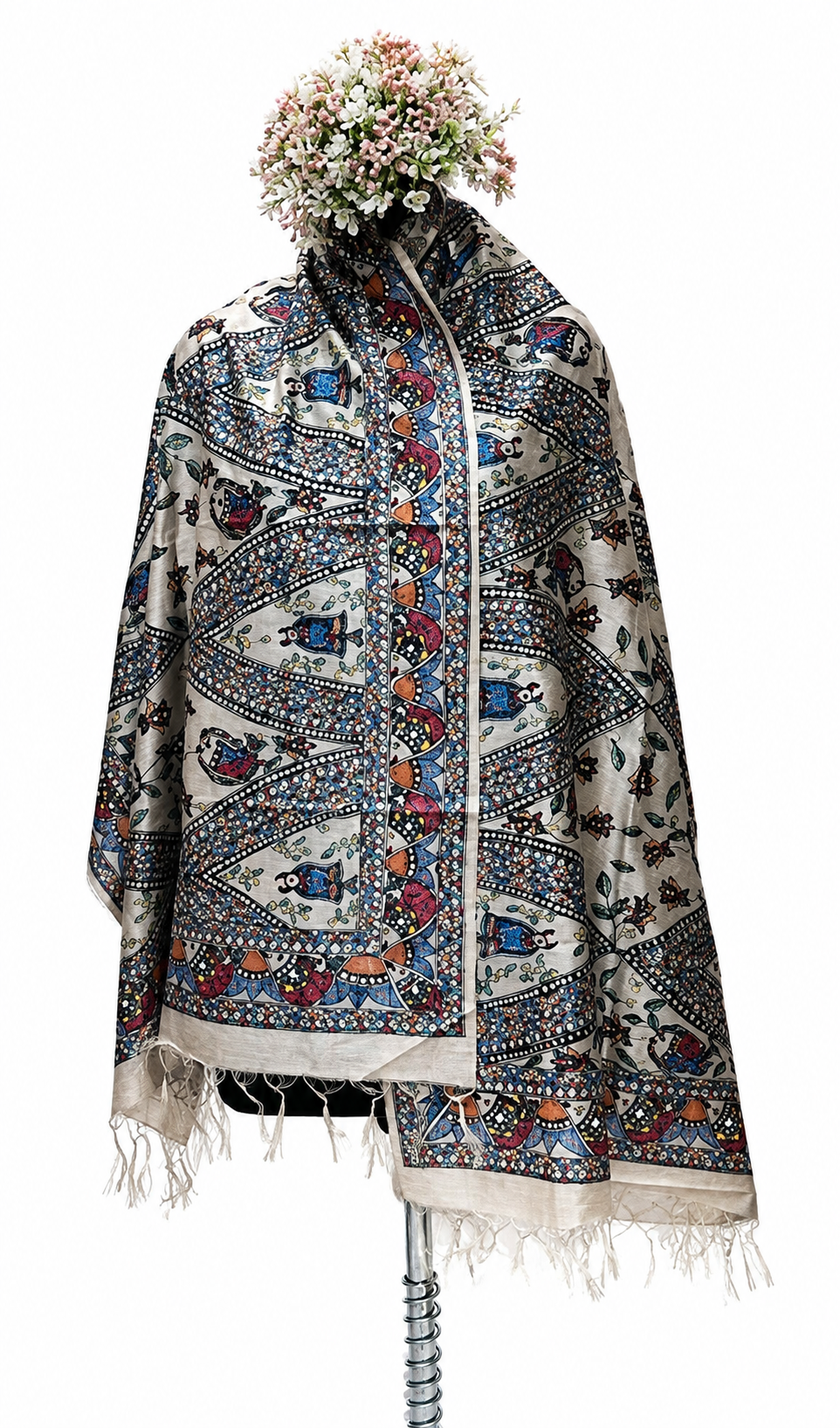 All Over Handpainted Madhubani Tussar Munga Silk Stole with Fish Motifs