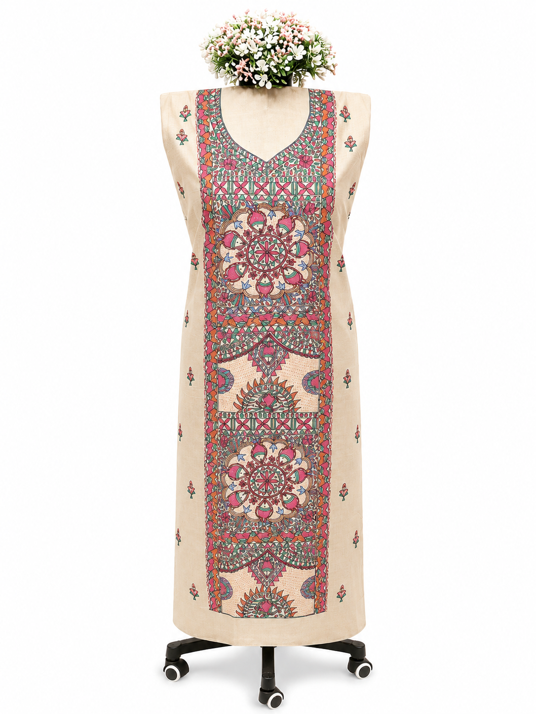 Hand-painted Madhubani Tussar Muga silk suit set with fish-inspired Artwork, Boutique Art and Zari Border Dupatta