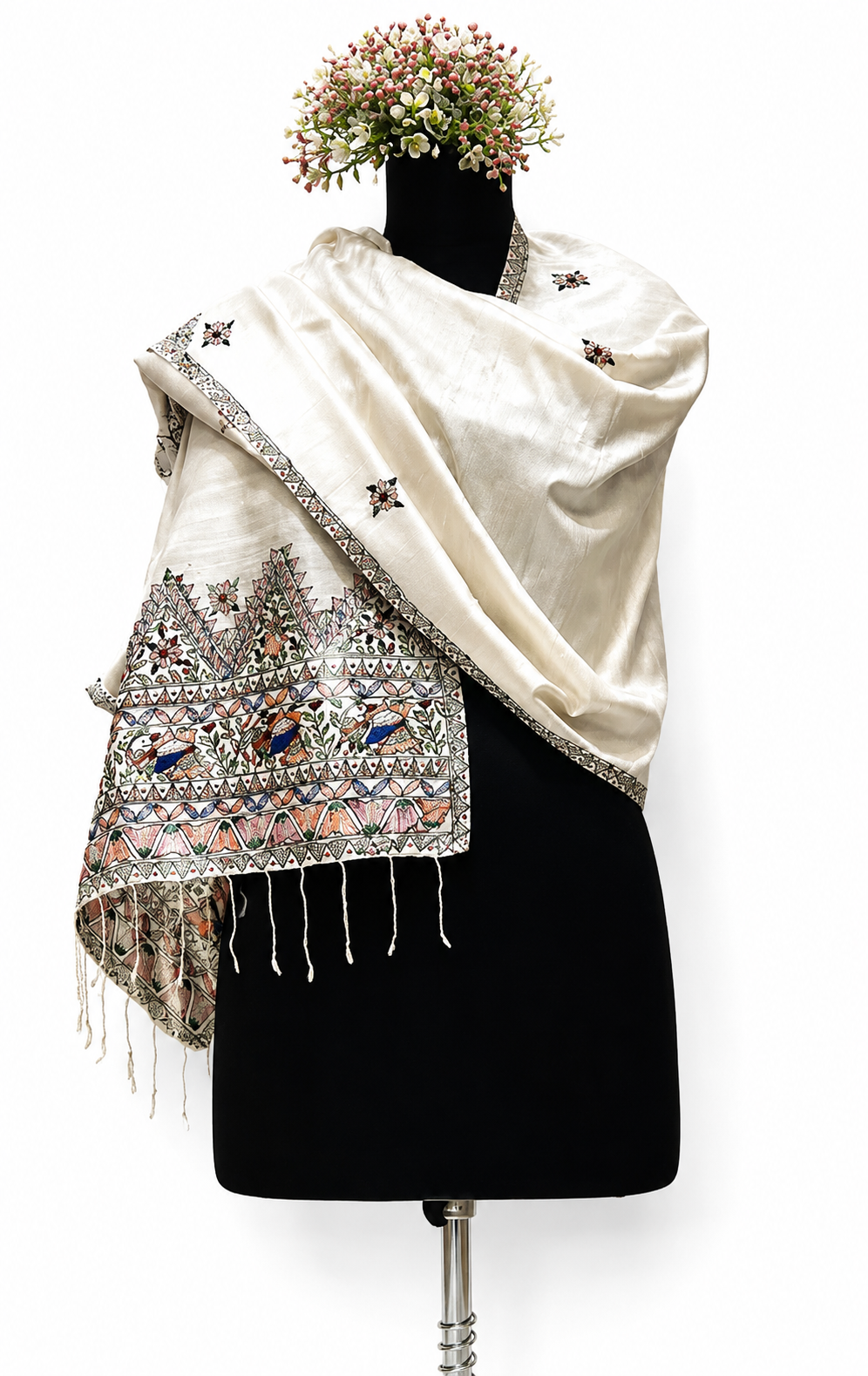 Handpainted Madhubani Dupion Silk Stole with Peacock Motifs