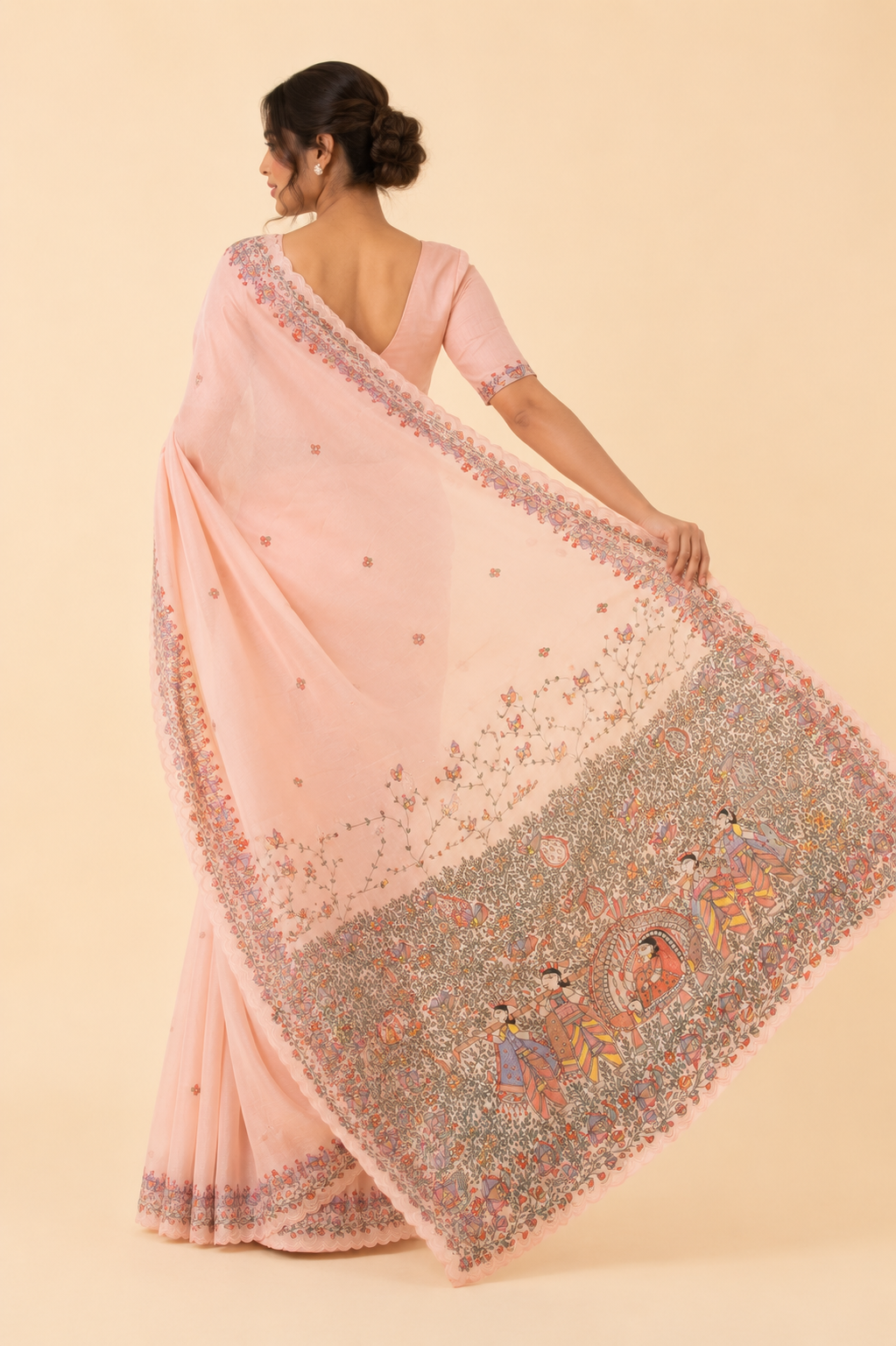 Hand-painted Organza Madhubani Saree – Doli Ka Haar Theme with Cutdana Work & Scalloped Border