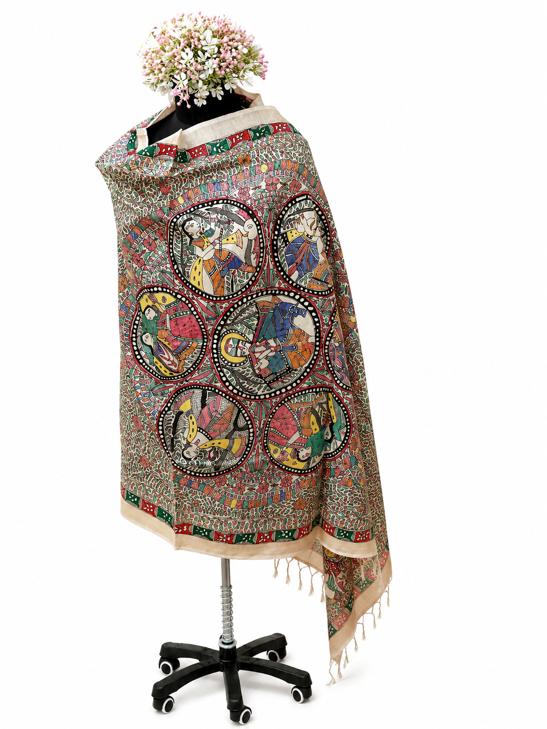 Handcrafted Tussar Munga Silk Dupatta – Krishna Leela Jaal Design