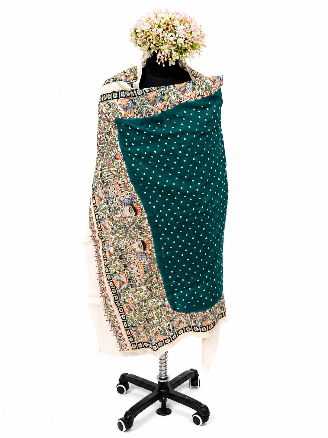Handcrafted Chanderi Dupatta – Bandhej Elegance with Regal Decorations of Elephant and Peacock
