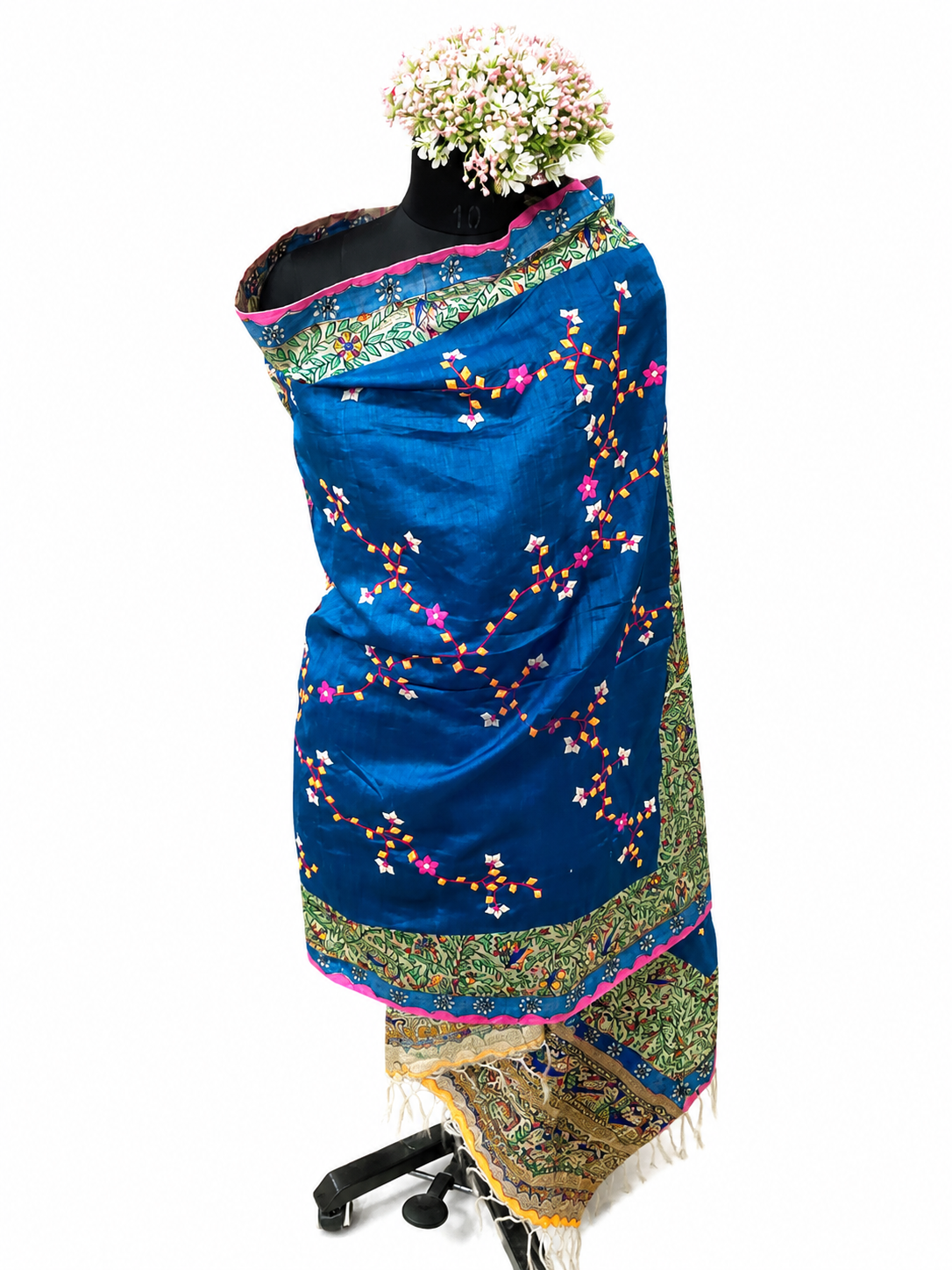 Hand-painted Appliquéd Desi Tussar Silk Dupatta – Regal Elephant & Peacock Motifs