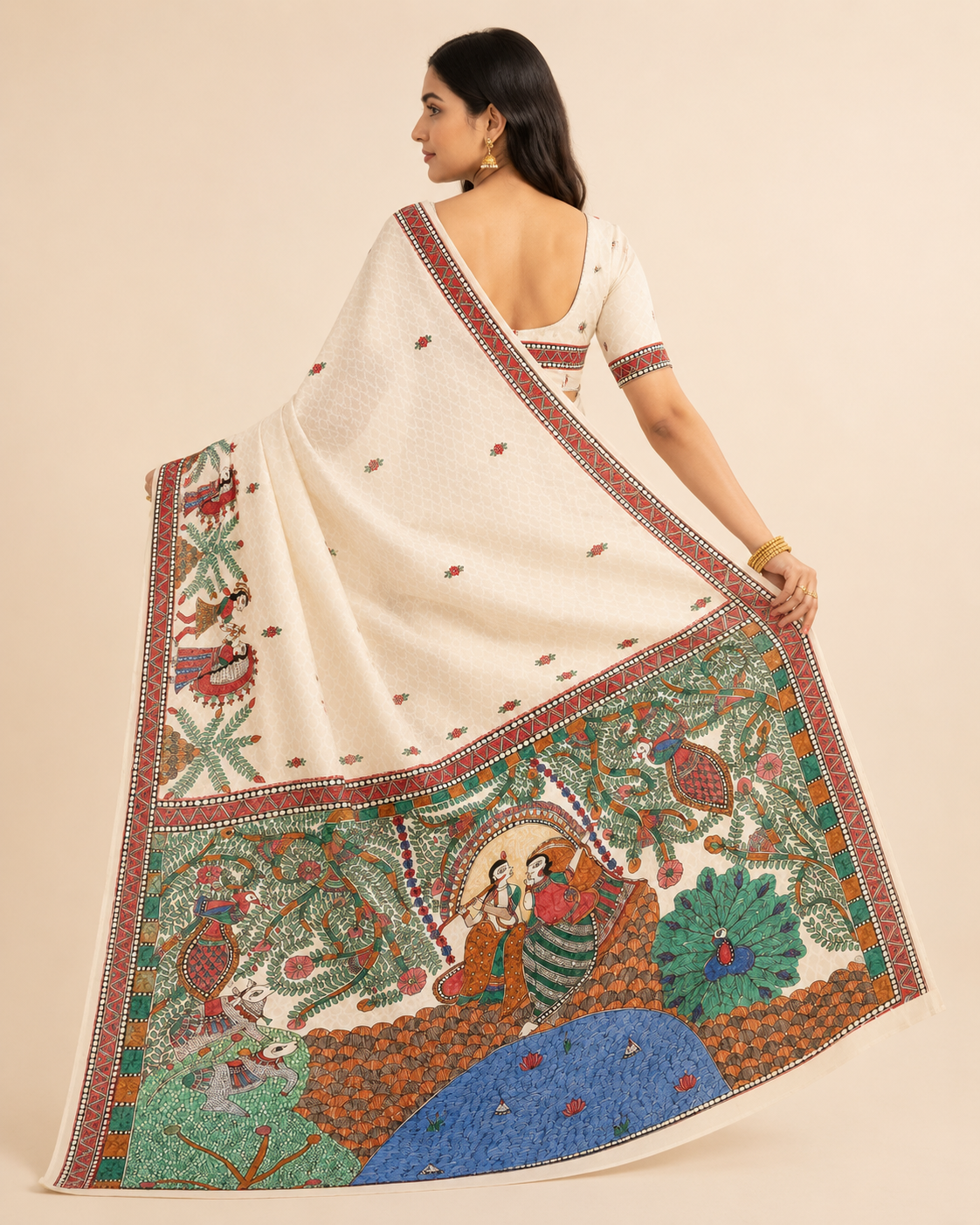 Hand-Painted Madhubani  Premium Chanderi Saree – Radha Krishna Theme with Peacock, Cow & Dance Border