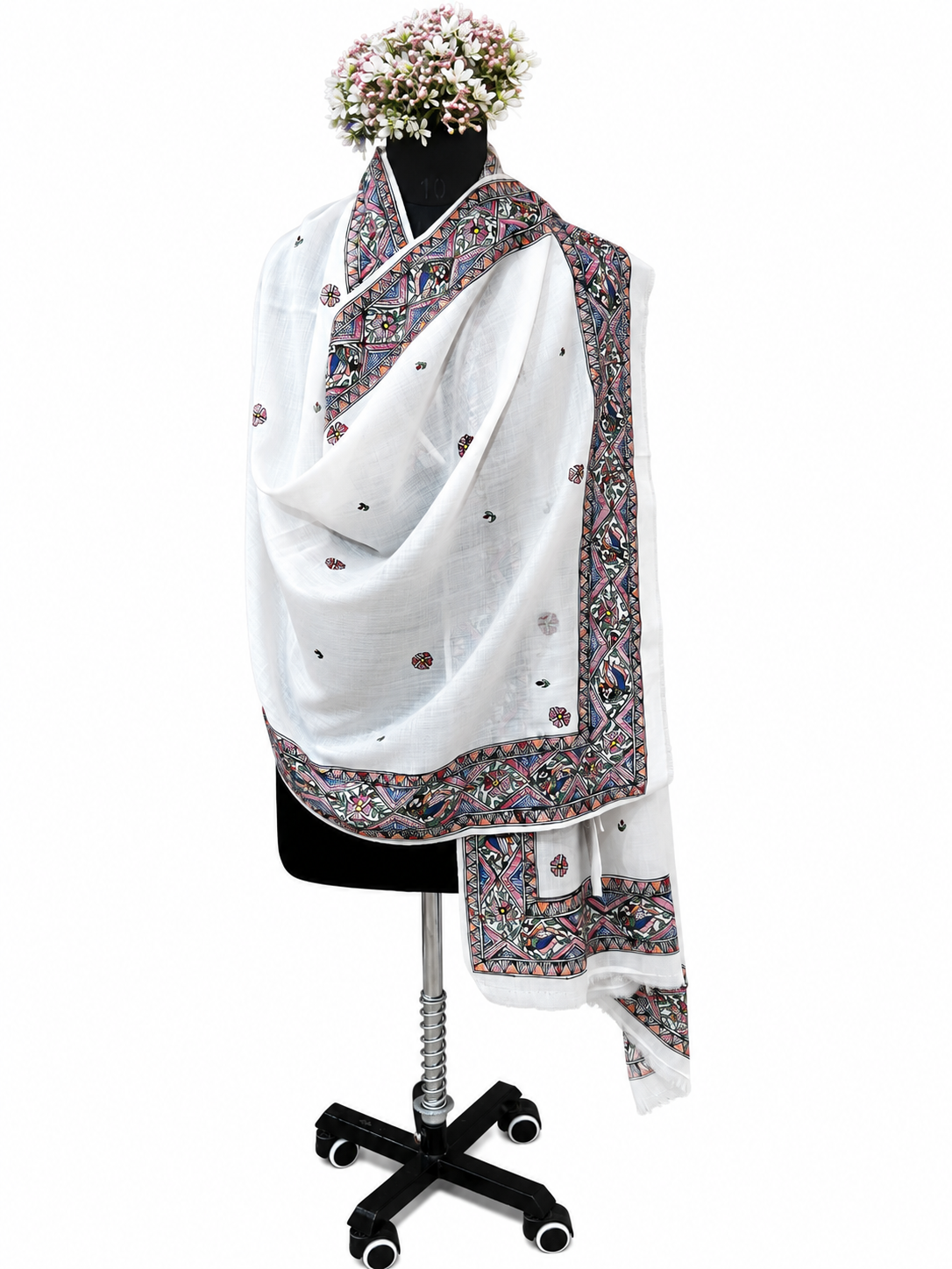 Premium White Pashmina Hand-Painted Madhubani Peacock Motif Stole with Floral Butis