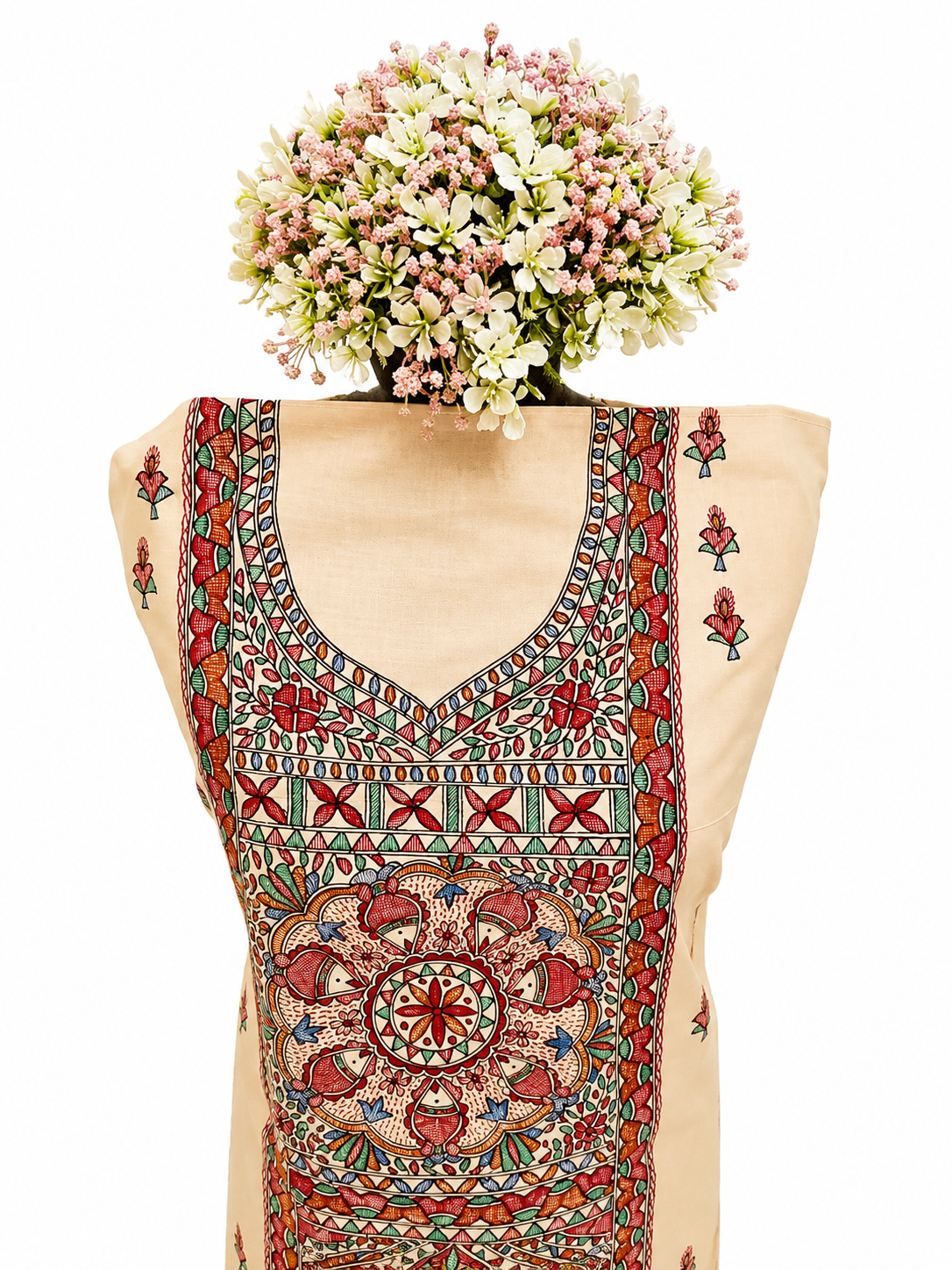 Hand-painted Madhubani Tussar Muga silk suit set with fish-inspired Artwork, Boutique Art and Zari Border Dupatta