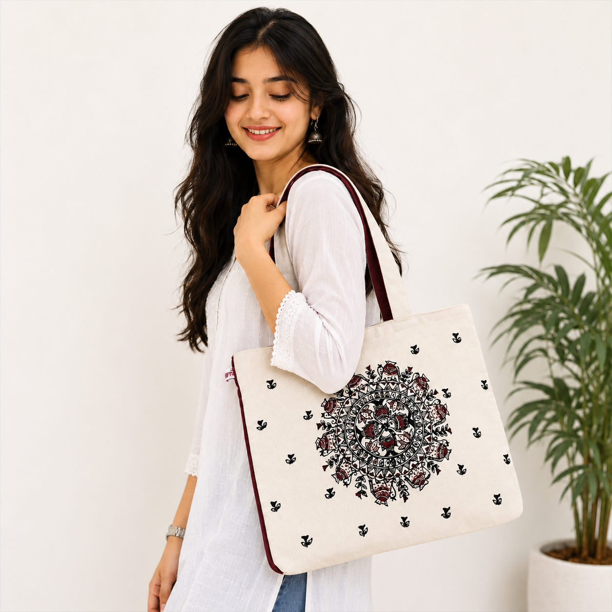 Hand-Painted Madhubani Mandala Tote Bag – Artisan Cotton Carryall