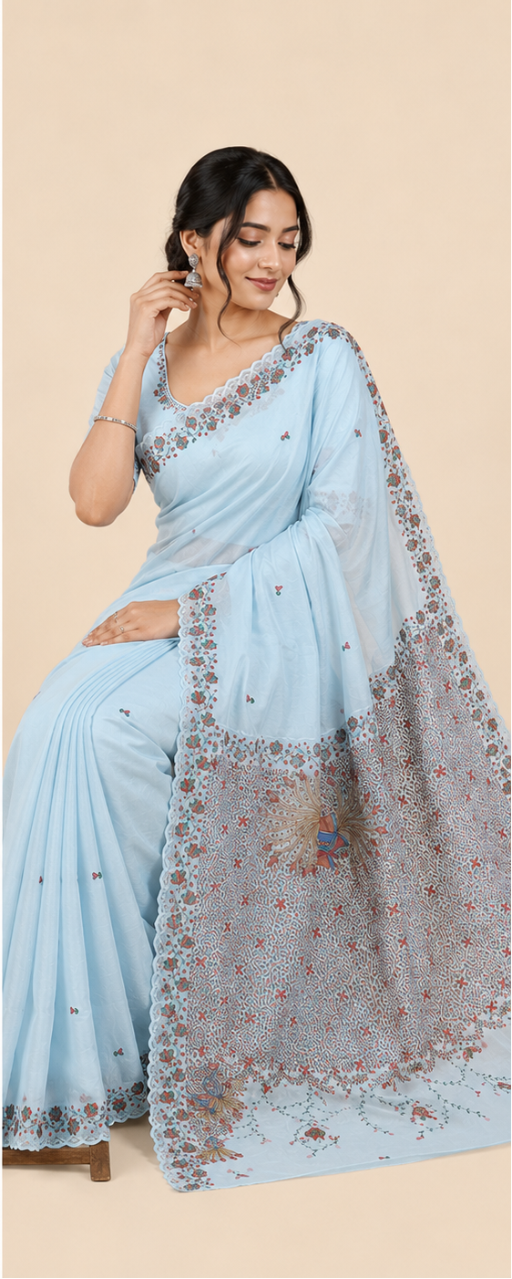 Hand-painted Pastel Sky Blue Organza Saree with Cutdana Embroidery & Scalloped Edges