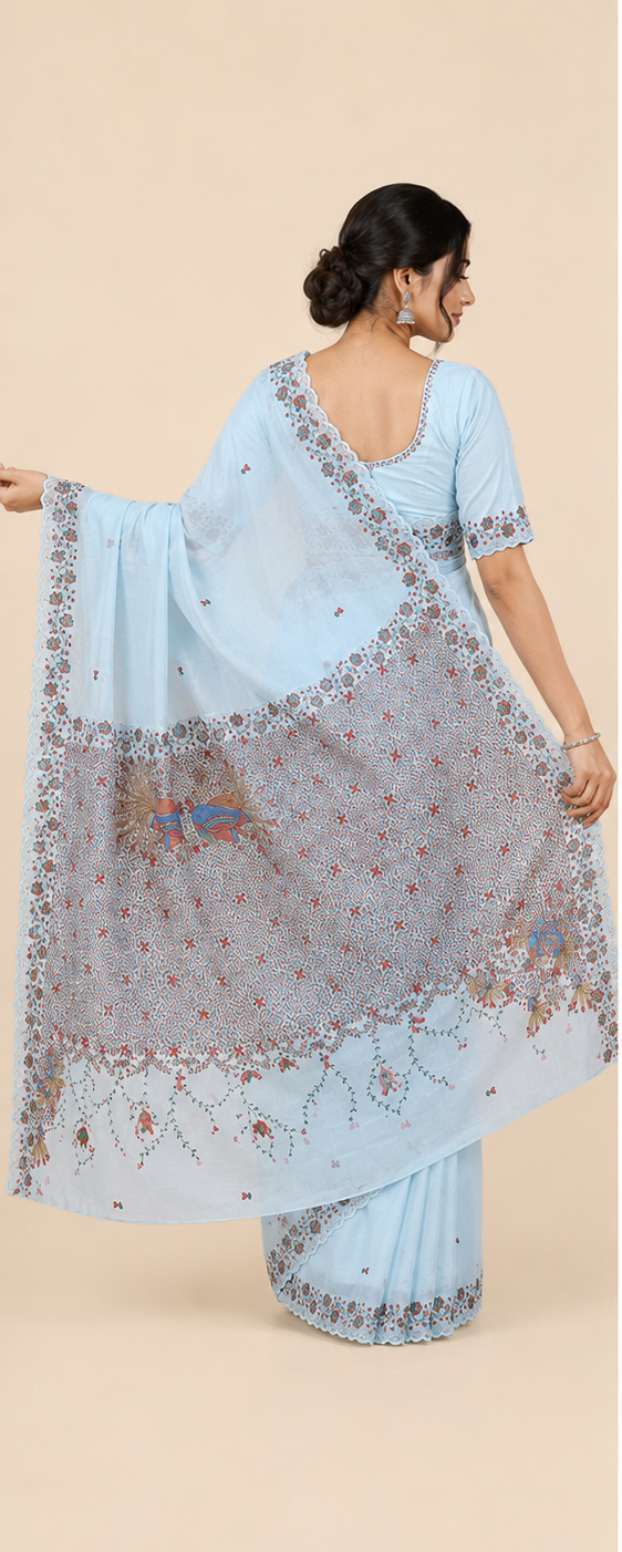 Hand-painted Pastel Sky Blue Organza Saree with Cutdana Embroidery & Scalloped Edges
