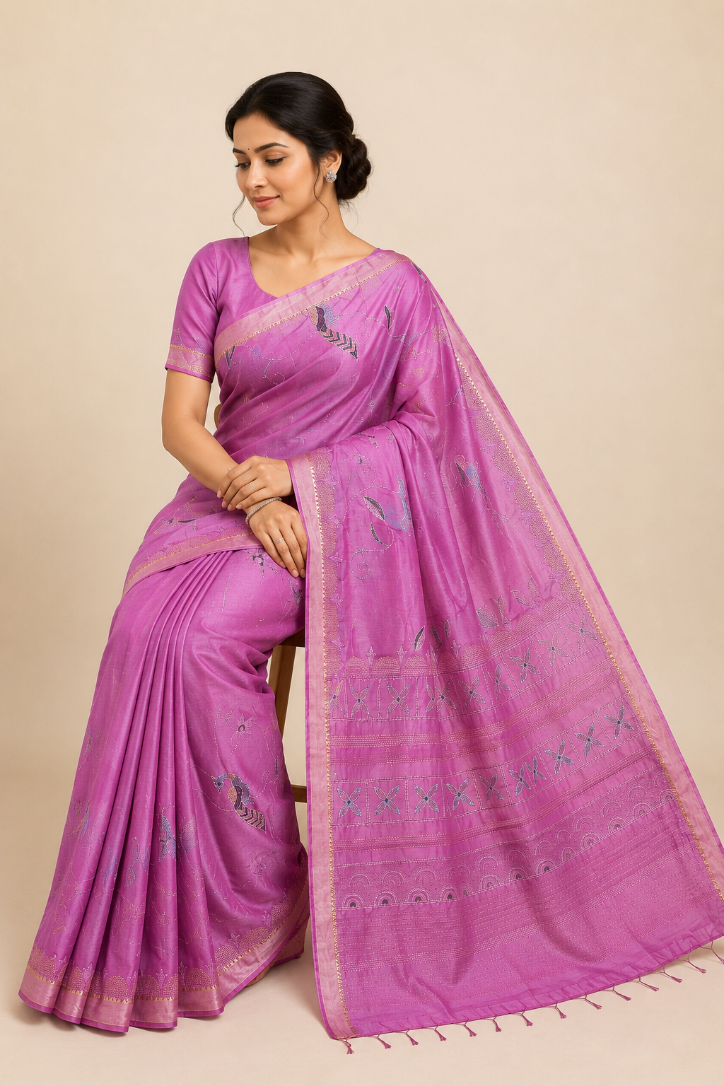 Hand-painted Tussar Munga Silk Saree with Sujani Embroidery & Gold Zari Border in Dusty Rose