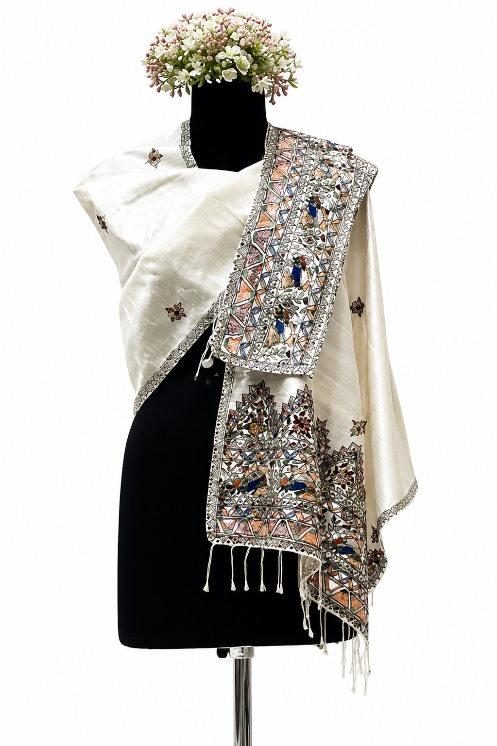 Handpainted Madhubani Dupion Silk Stole with Peacock Motifs