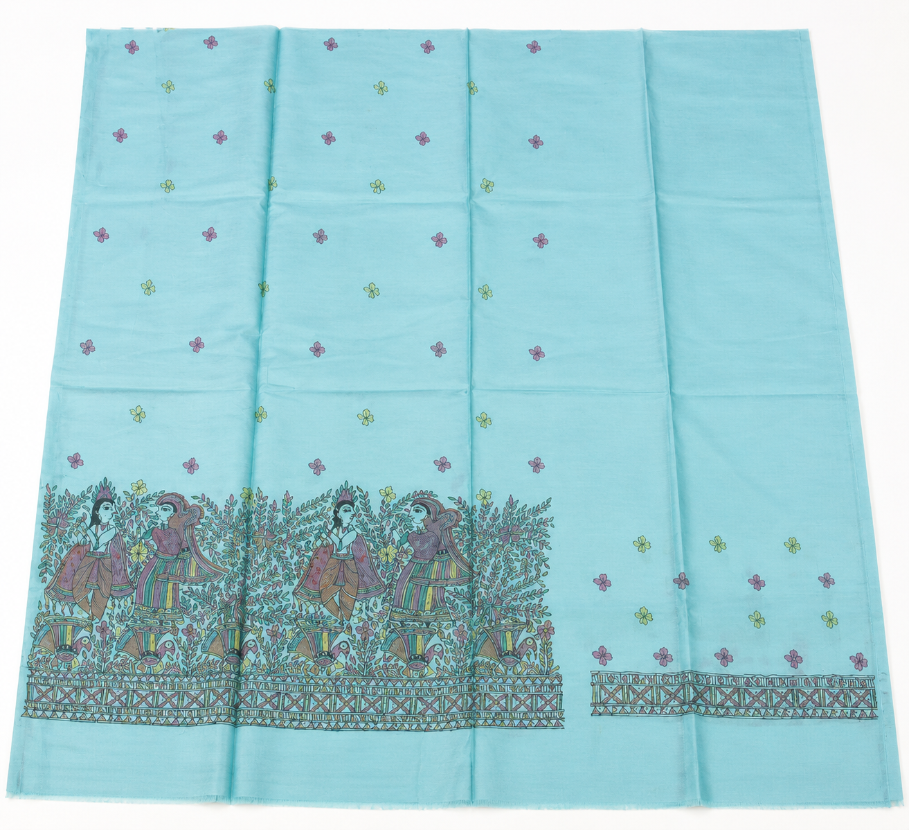 Hand-painted Tussar Munga Silk Suit Set with Radha Krishna Theme, Peacock and Fish-Inspired Artwork, Boutique Work and Matching Dupatta with Cotton Lower
