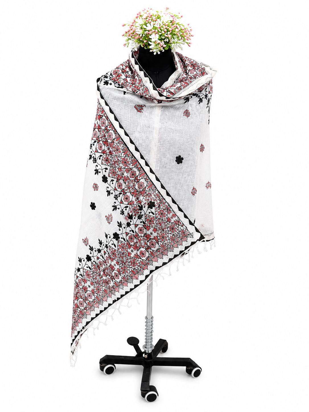 Hand-Appliquéd Kota Dupatta – Madhubani Peacock and Floral Artistry