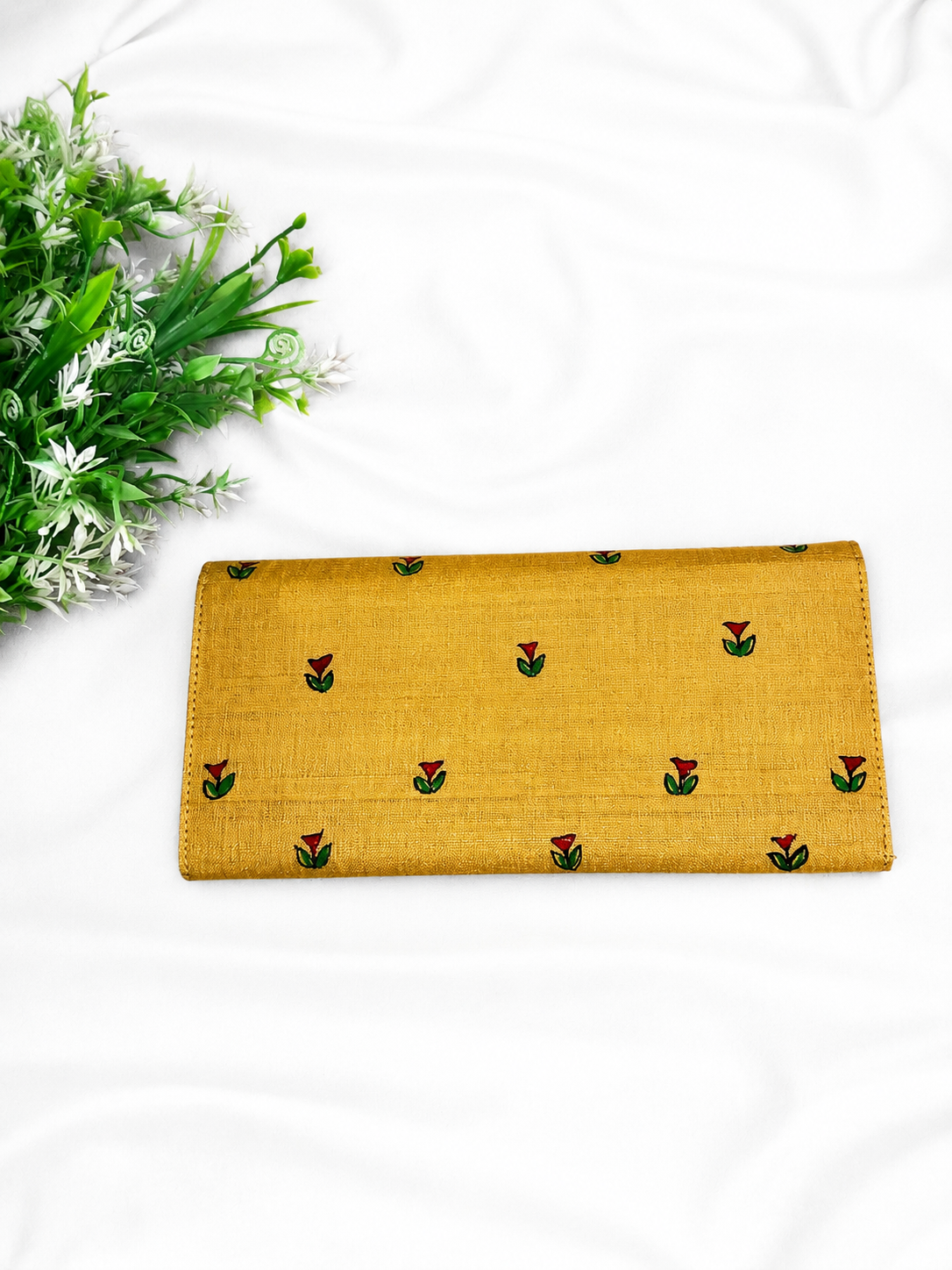 Hand-painted Mustard Yellow Madhubani Dual-Sided Long Wallet for Women with Zip Pocket & Card Slots