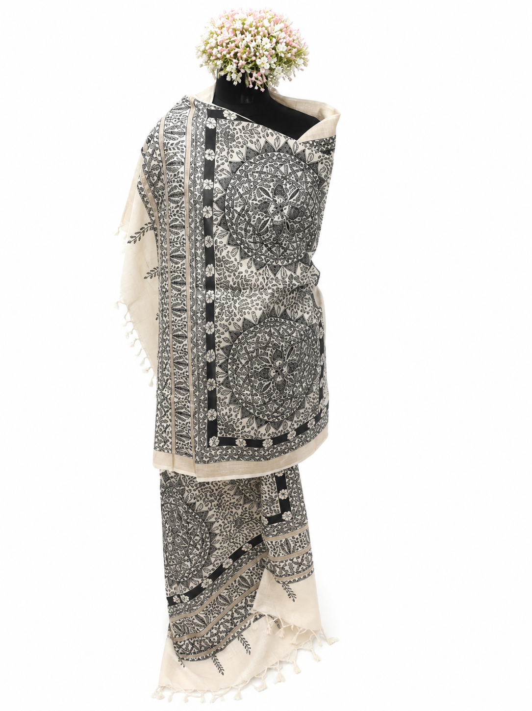 Handpainted Tussar Munga Silk Dupatta – Floral Vines and  Aquatic Artistry