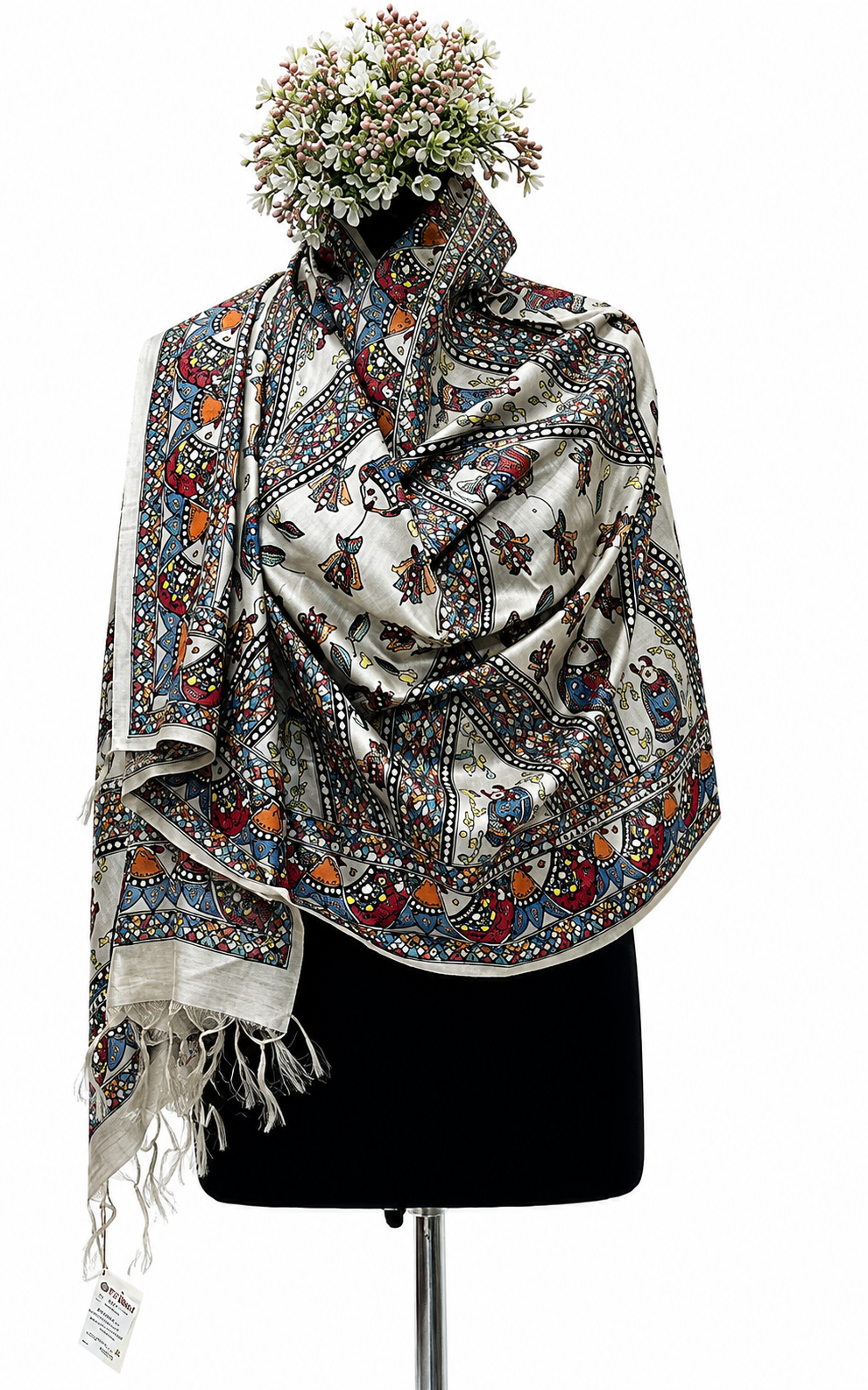 All Over Handpainted Madhubani Tussar Munga Silk Stole with Fish Motifs