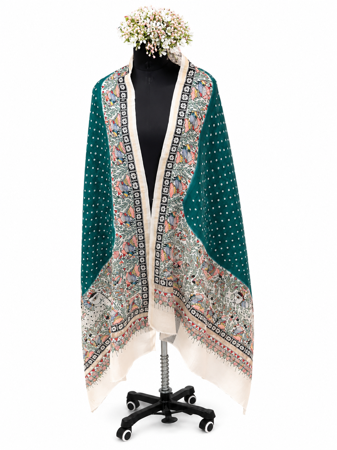 Handcrafted Chanderi Dupatta – Bandhej Elegance with Regal Decorations of Elephant and Peacock