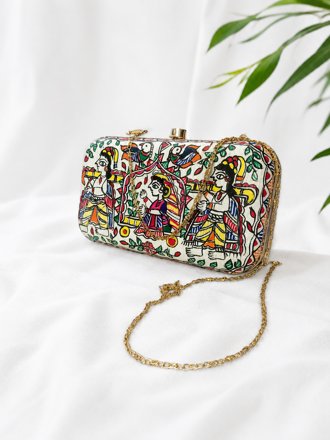 Handpainted Madhubani Doli Ka Haar & Peacock Canvas Clutch Bag