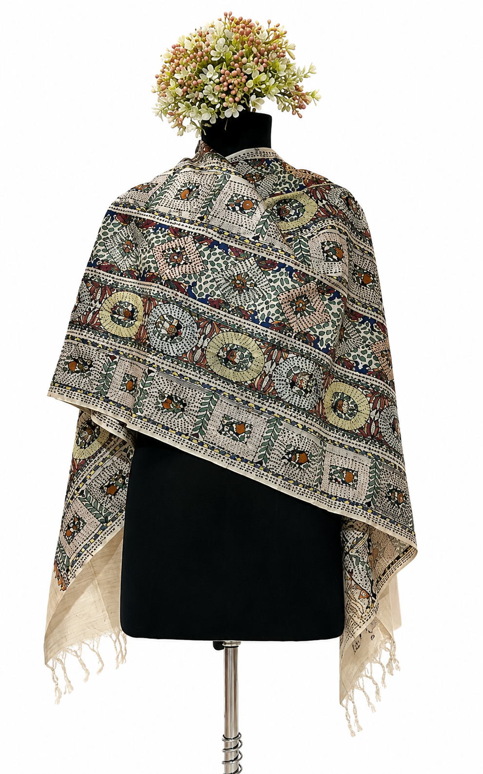 Handpainted Madhubani Tussar Munga Silk Stole with Sujani Work, Elephant & Peacock Motifs