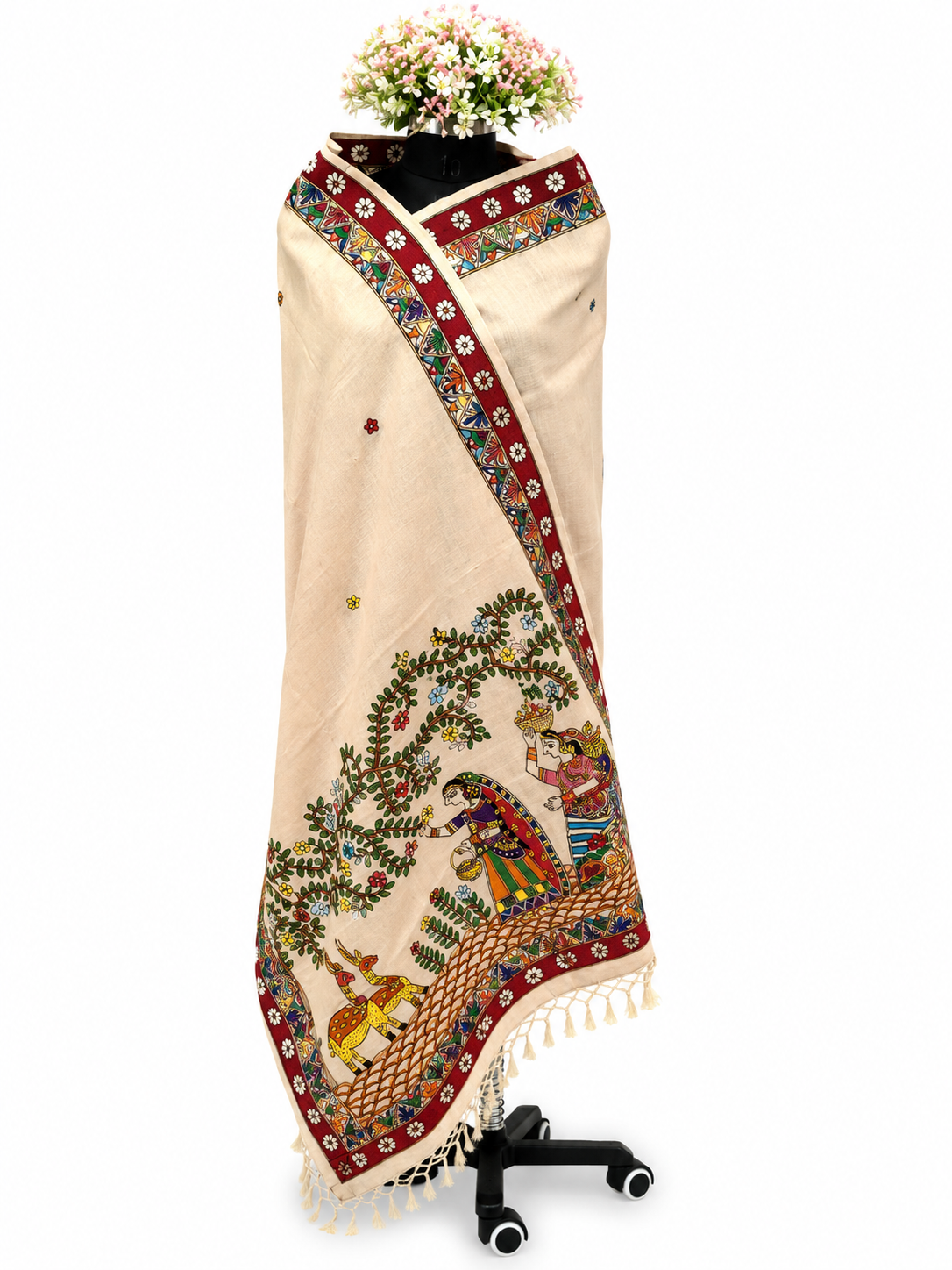 Hand-Painted Madhubani Rural Life Desi Tussar Silk Dupatta