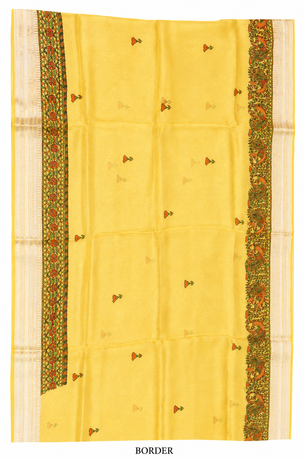 Hand- painted Mustard Yellow Kota Silk Saree with Ram - Sita Swayamwar Madhubani Art & Silver Zari Border