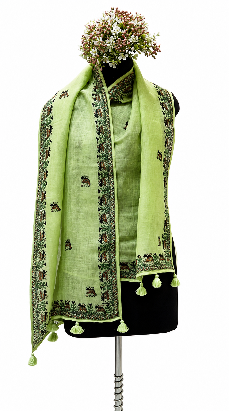 Handpainted Madhubani Linen Stole with Elephant Motifs in Mint Green