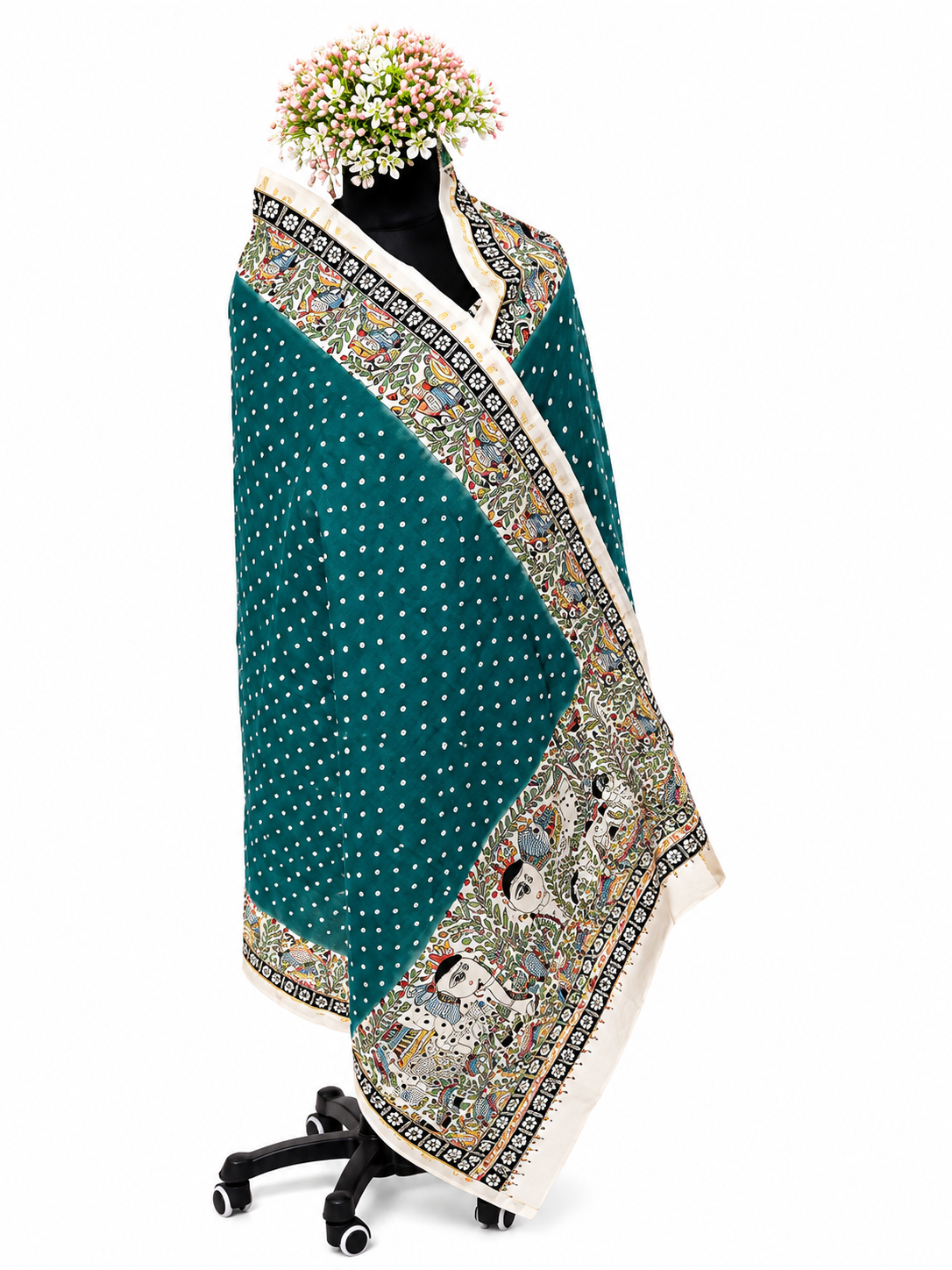 Handcrafted Chanderi Dupatta – Bandhej Elegance with Regal Decorations of Elephant and Peacock