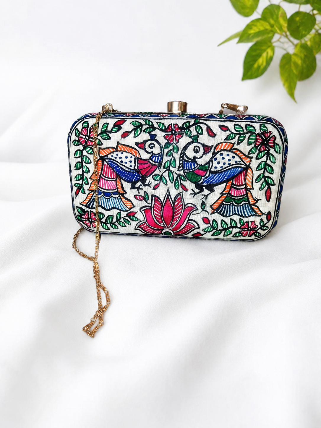 Handpainted Madhubani Doli Ka Haar & Peacock Canvas Clutch Bag