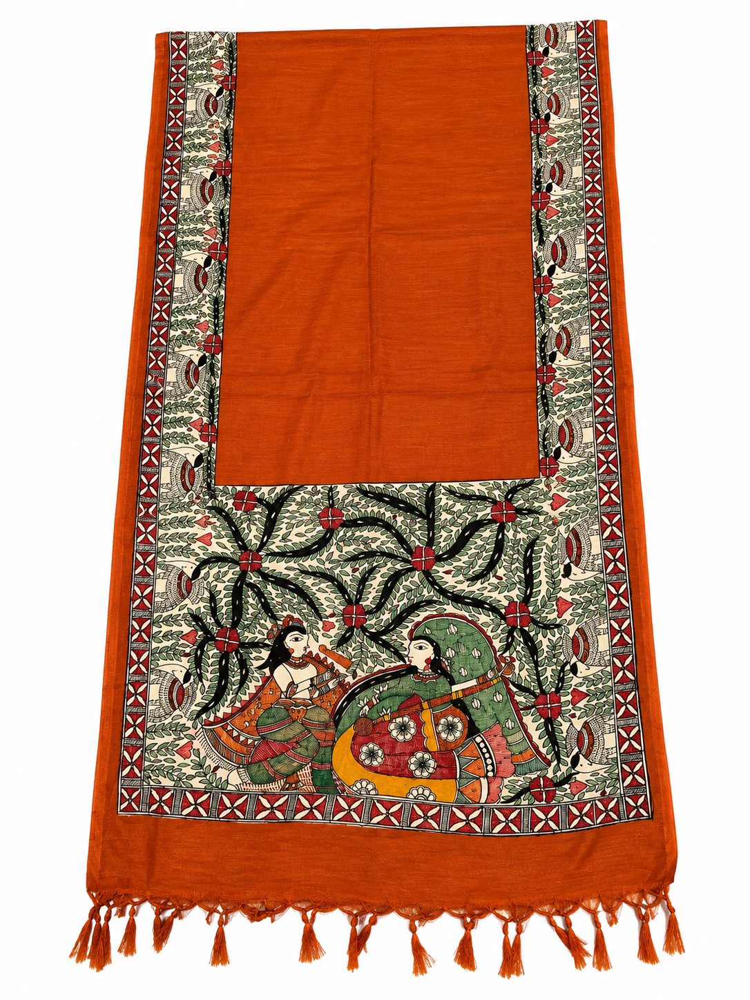 Premium Burnt Orange Cotton Silk Hand-Painted Madhubani Krishna Meera Stole