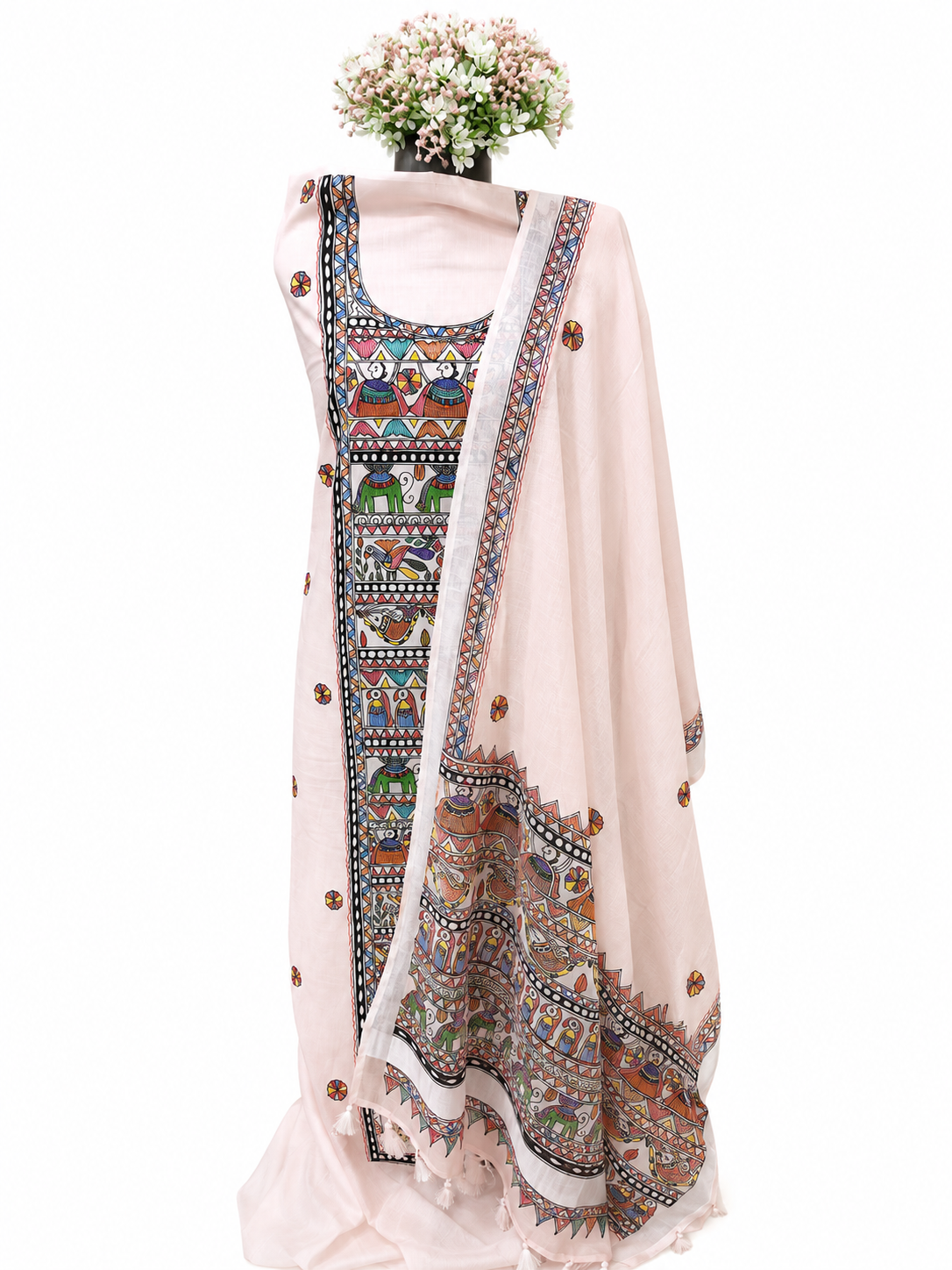 Handpainted Madhubani Cotton Ensemble with Heritage Panel Art, Folk Story Illustrations and Artistic Boutique Dupatta