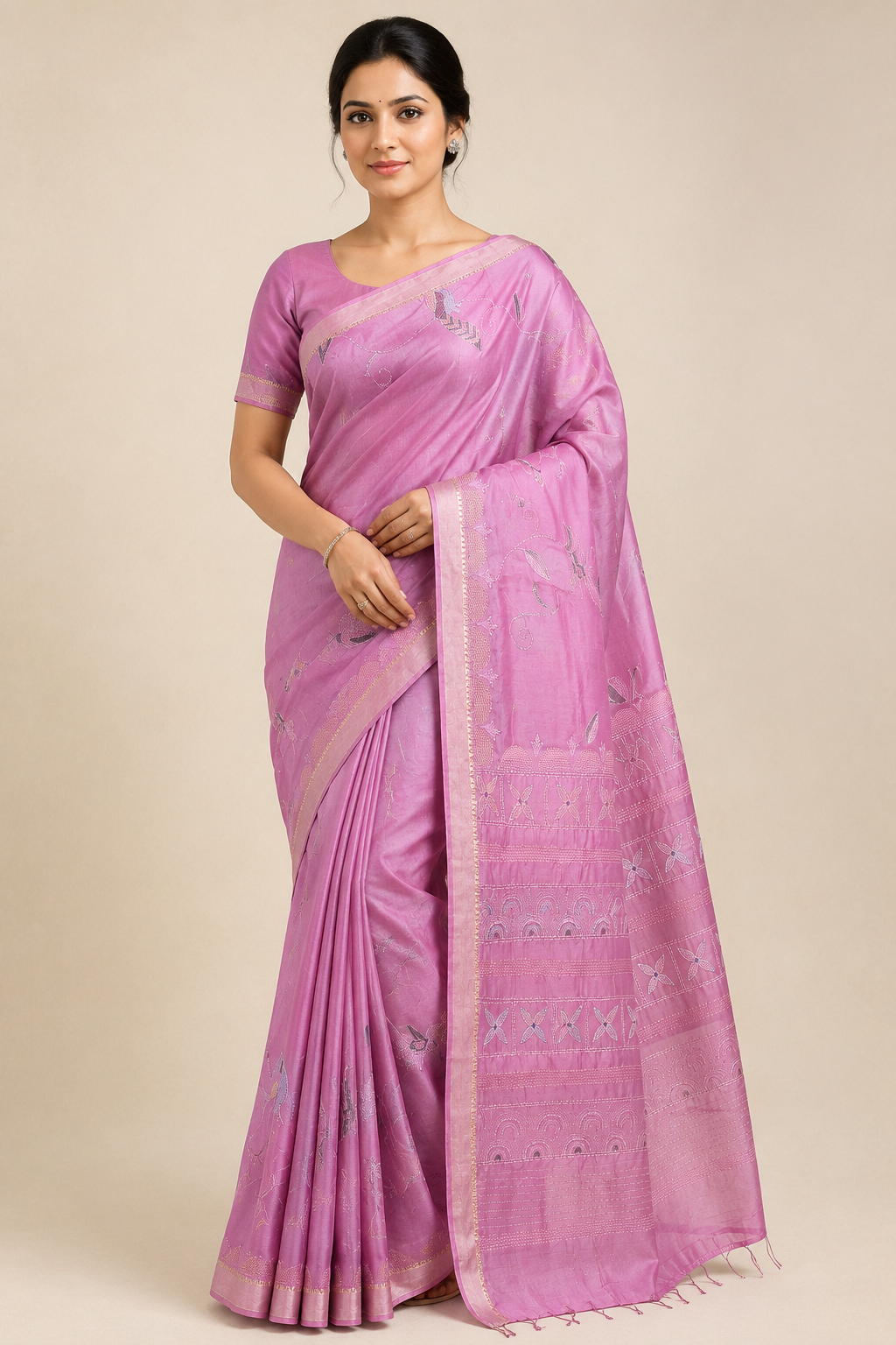 Hand-painted Tussar Munga Silk Saree with Sujani Embroidery & Gold Zari Border in Dusty Rose
