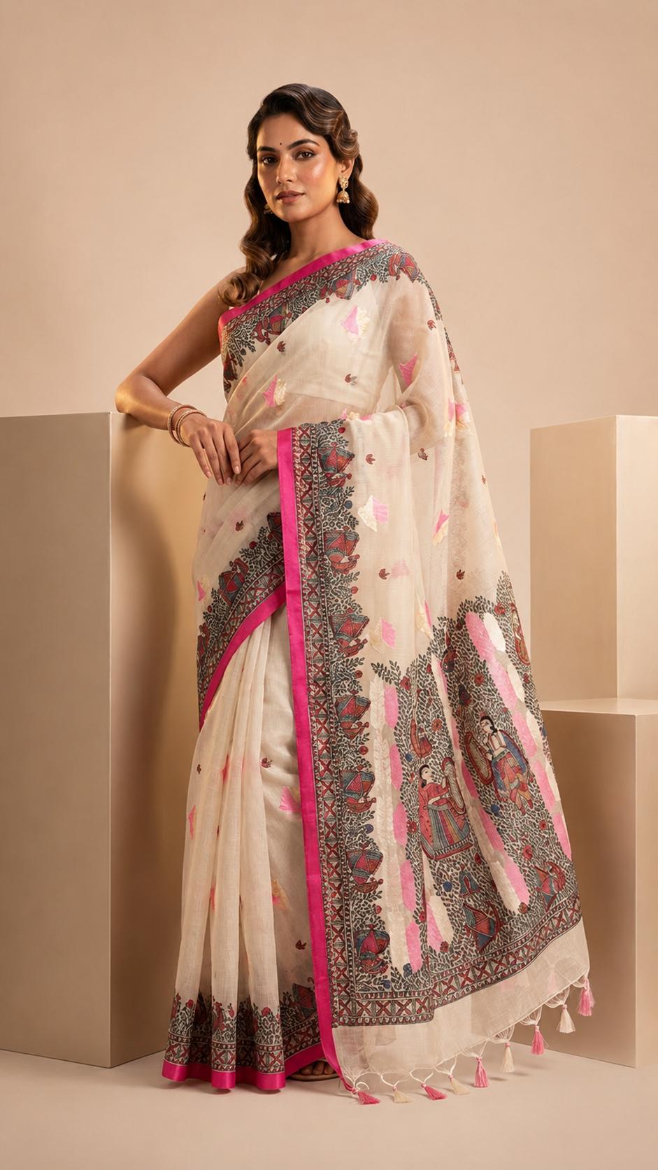 Hand-painted Ivory Pink Kota Silk Saree with Ram–Sita Swayamwar Madhubani Art & Rich Zari Border