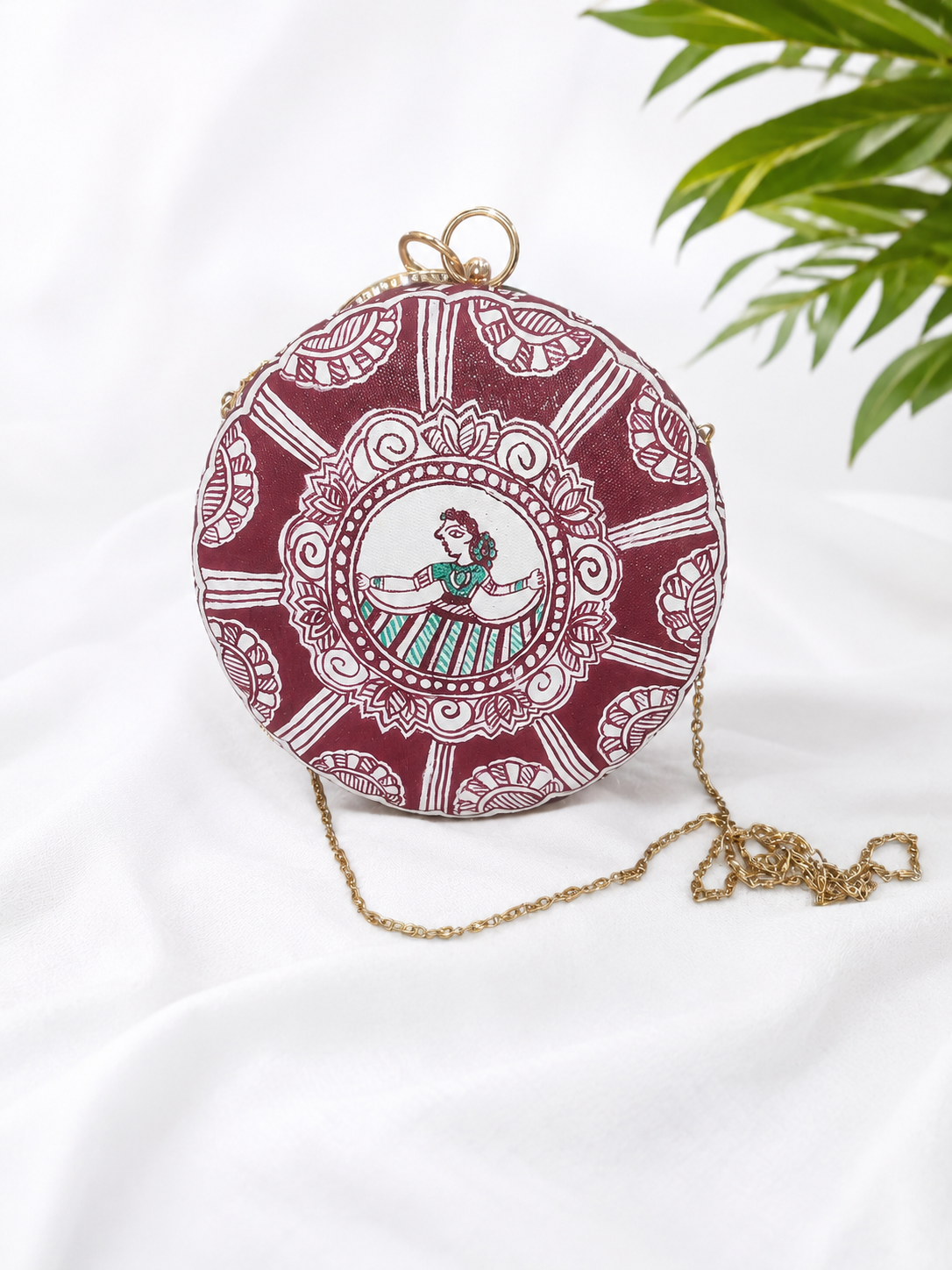 Hand-painted Madhubani Peacock & Dancing Doll Round Clutch Bag