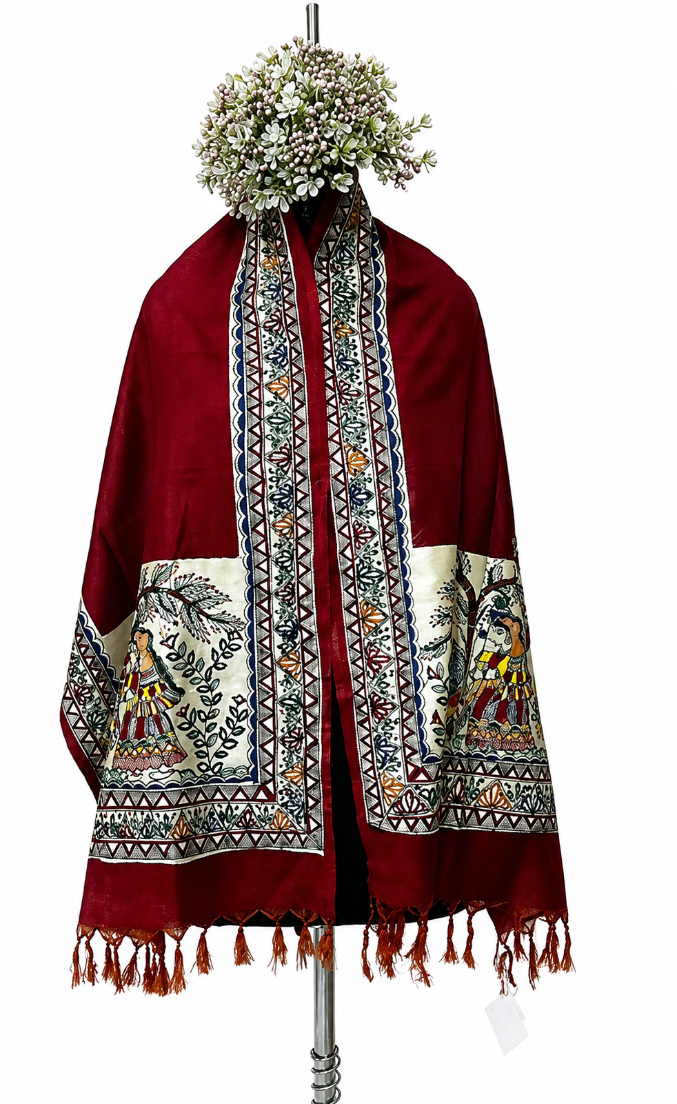 Handpainted Madhubani Cotton Silk Stole in Red-Radha Krishna Theme