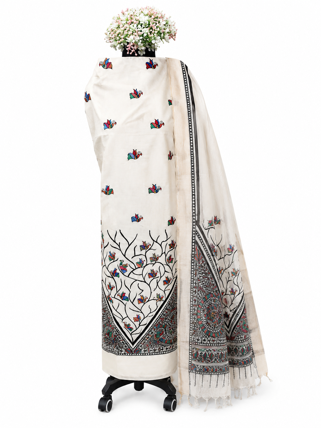 Hand-painted Madhubani Tussar Munga Silk Suit Set with Mithila Panel Artwork, Peacock and Bird-Inspired Illustrations and Floral Butti and Jaal Dupatta