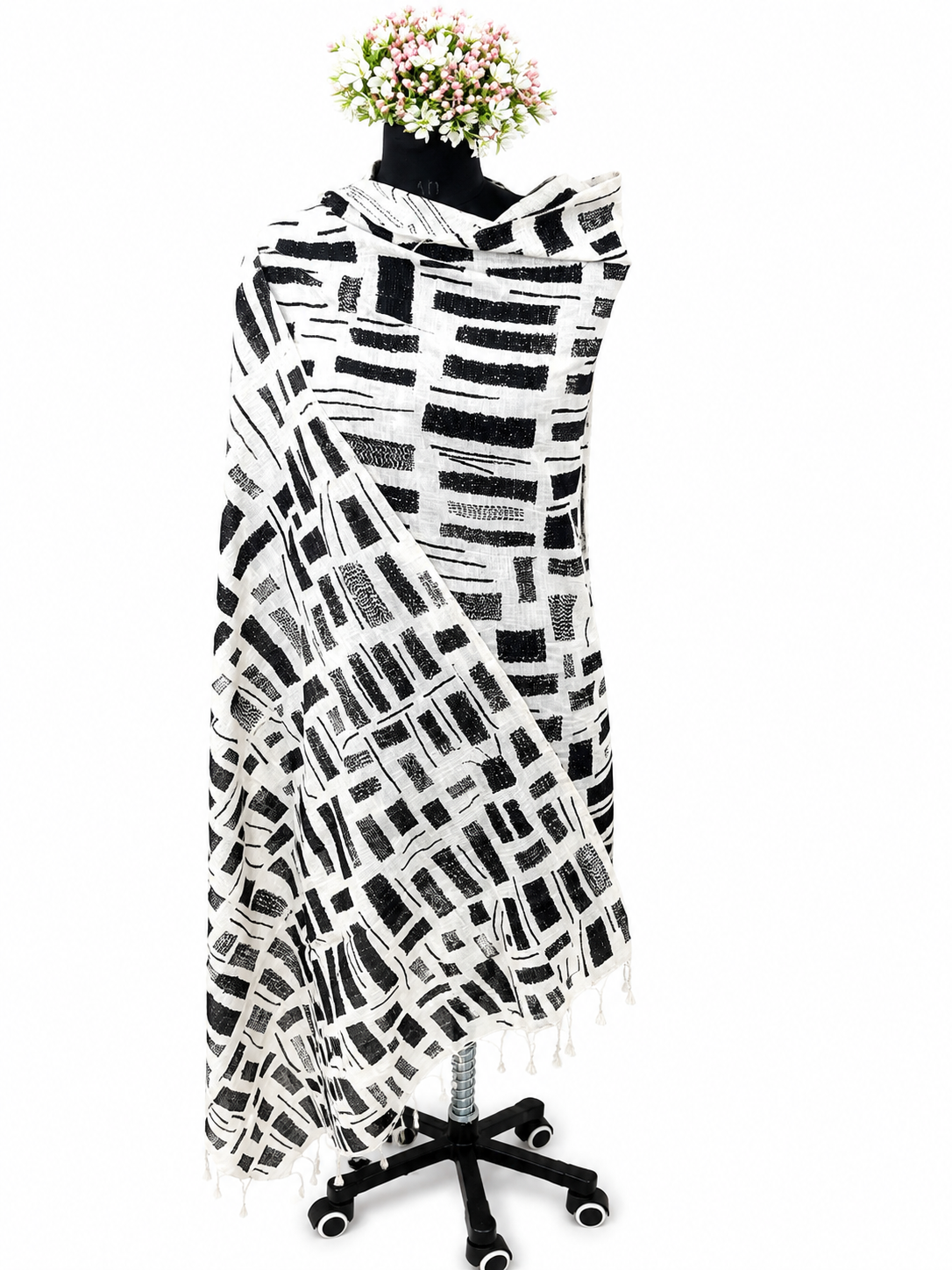 Hand-Crafted Sujani Midnight Sketch Ivory Echo Tussar Munga Silk Dupatta