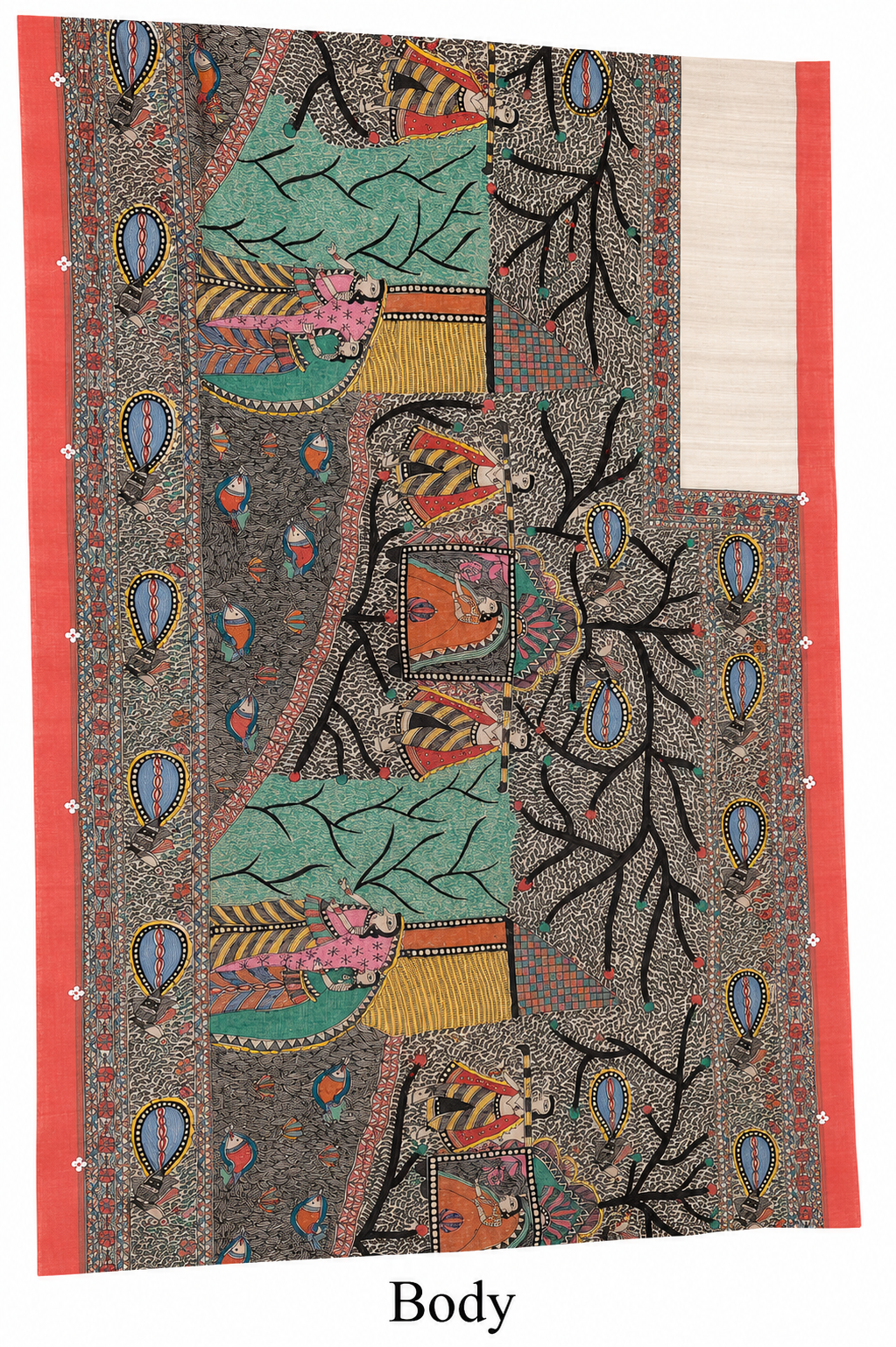 Hand-painted Desi Tussar Silk Saree with All-Over Madhubani Art, Doli Ka Haar Theme & Sujni Buti Border