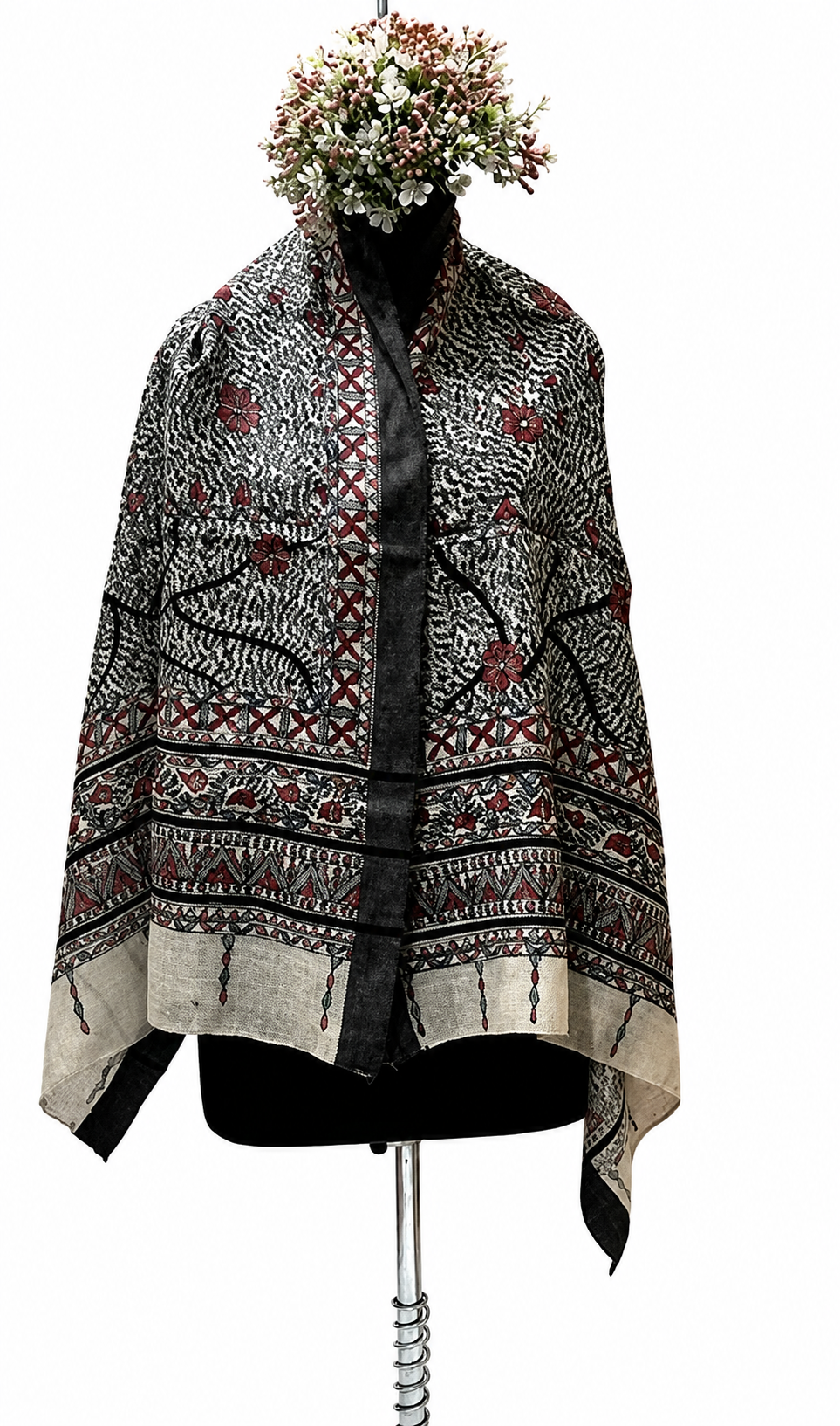 All Over Handpainted Madhubani Tussar Munga Silk Stole with Flora & Fauna Motifs