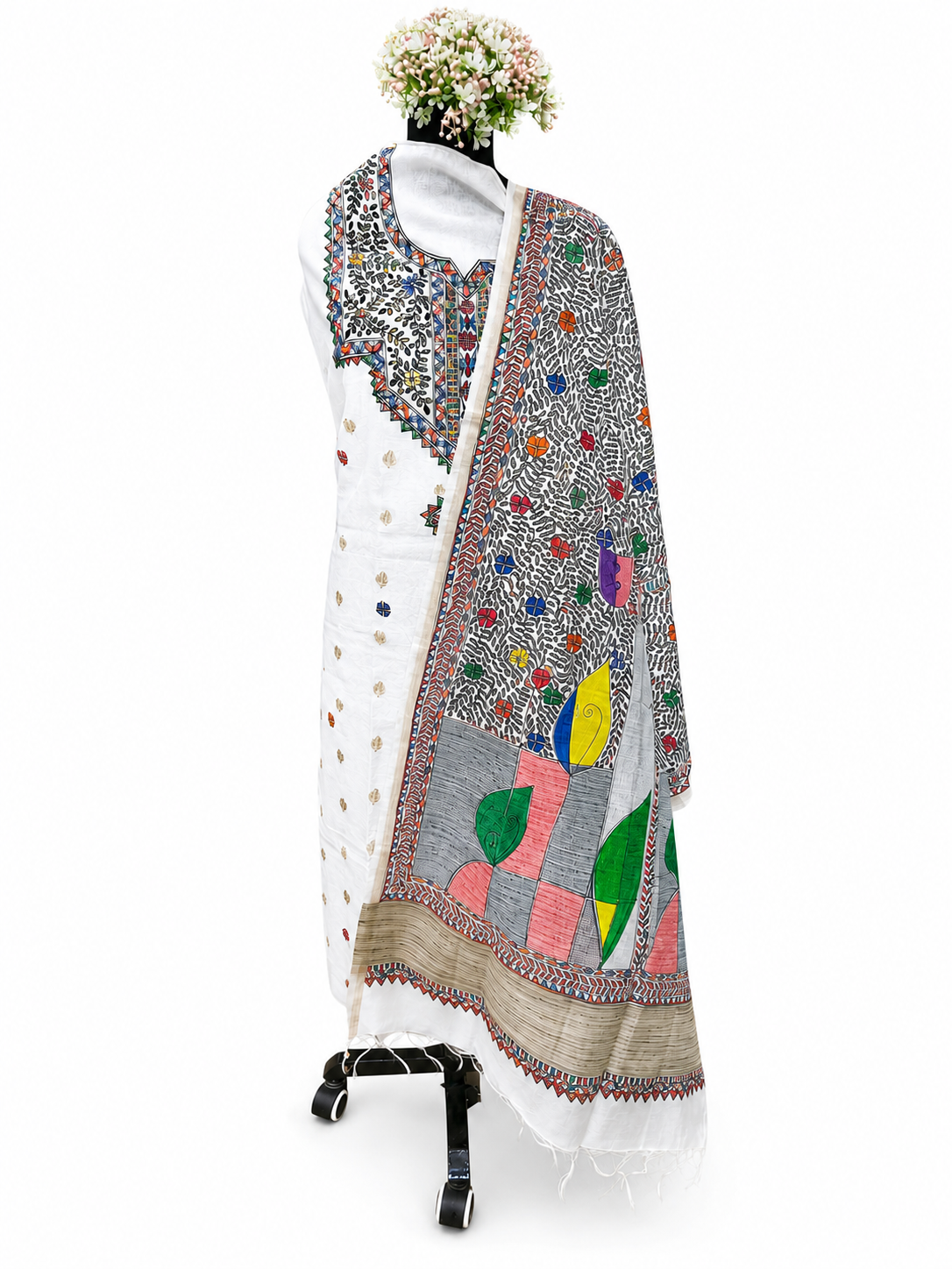 Hand-painted Madhubani Chanderi Suit Set with Designer Neckline, Boutique Artwork, All-Over Jaal Dupatta and Zari Border