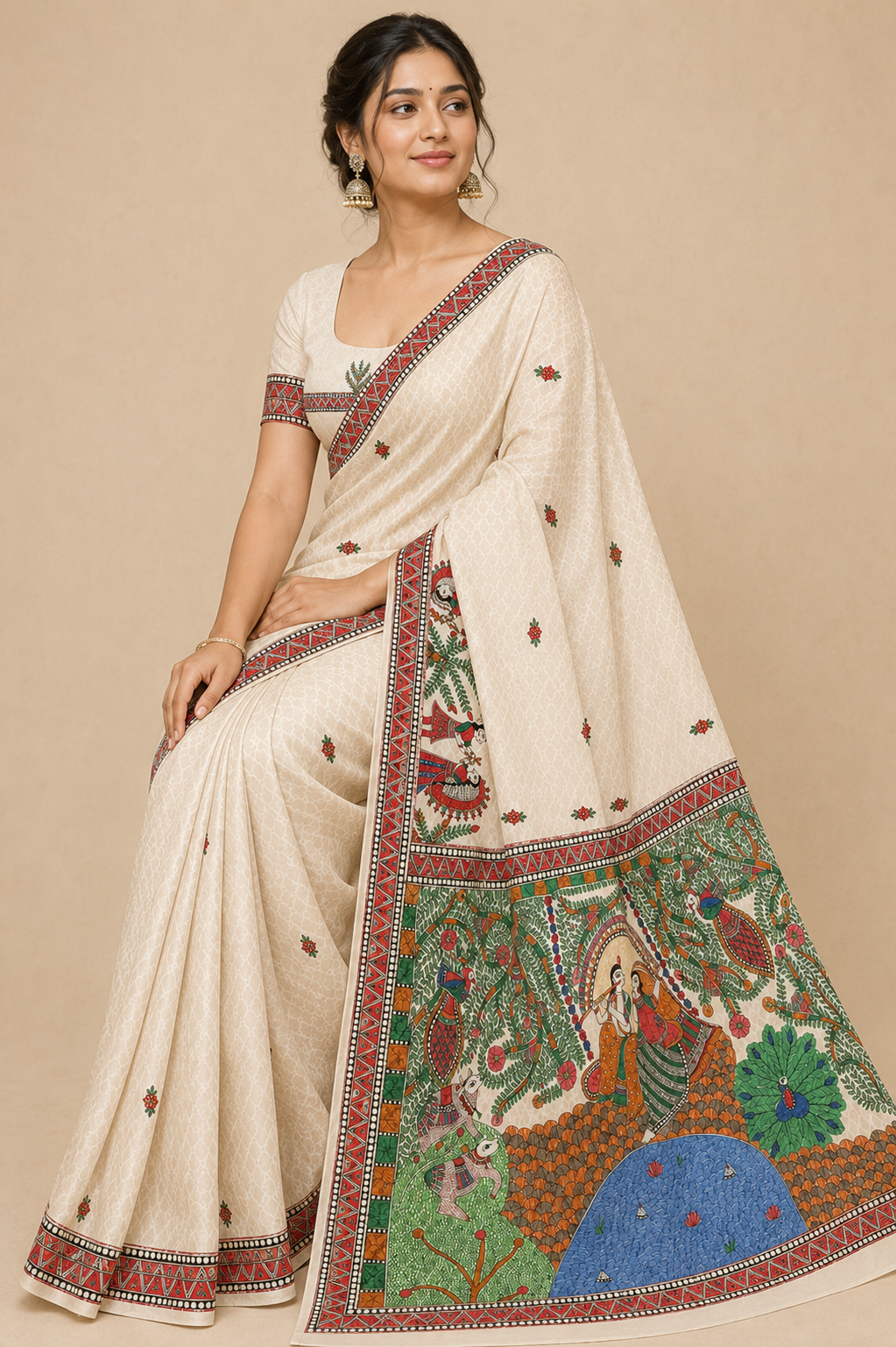 Hand-Painted Madhubani  Premium Chanderi Saree – Radha Krishna Theme with Peacock, Cow & Dance Border