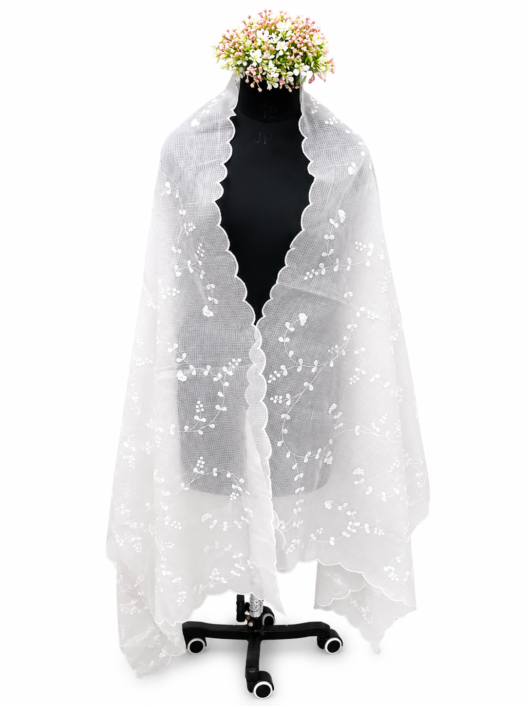 Hand-crafted Kota Dupatta – All-Over Leaf Pattern with Scalloped Edges