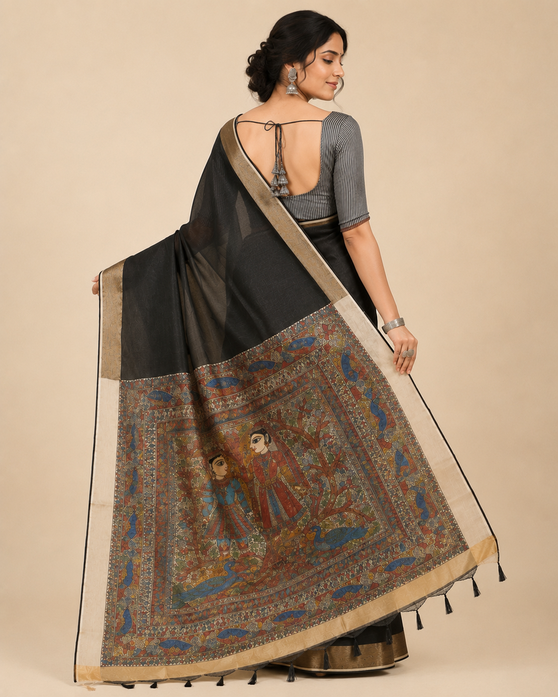 Hand-painted Madhubani Radha Krishna Smoky Grey Saree with Gold Zari Border