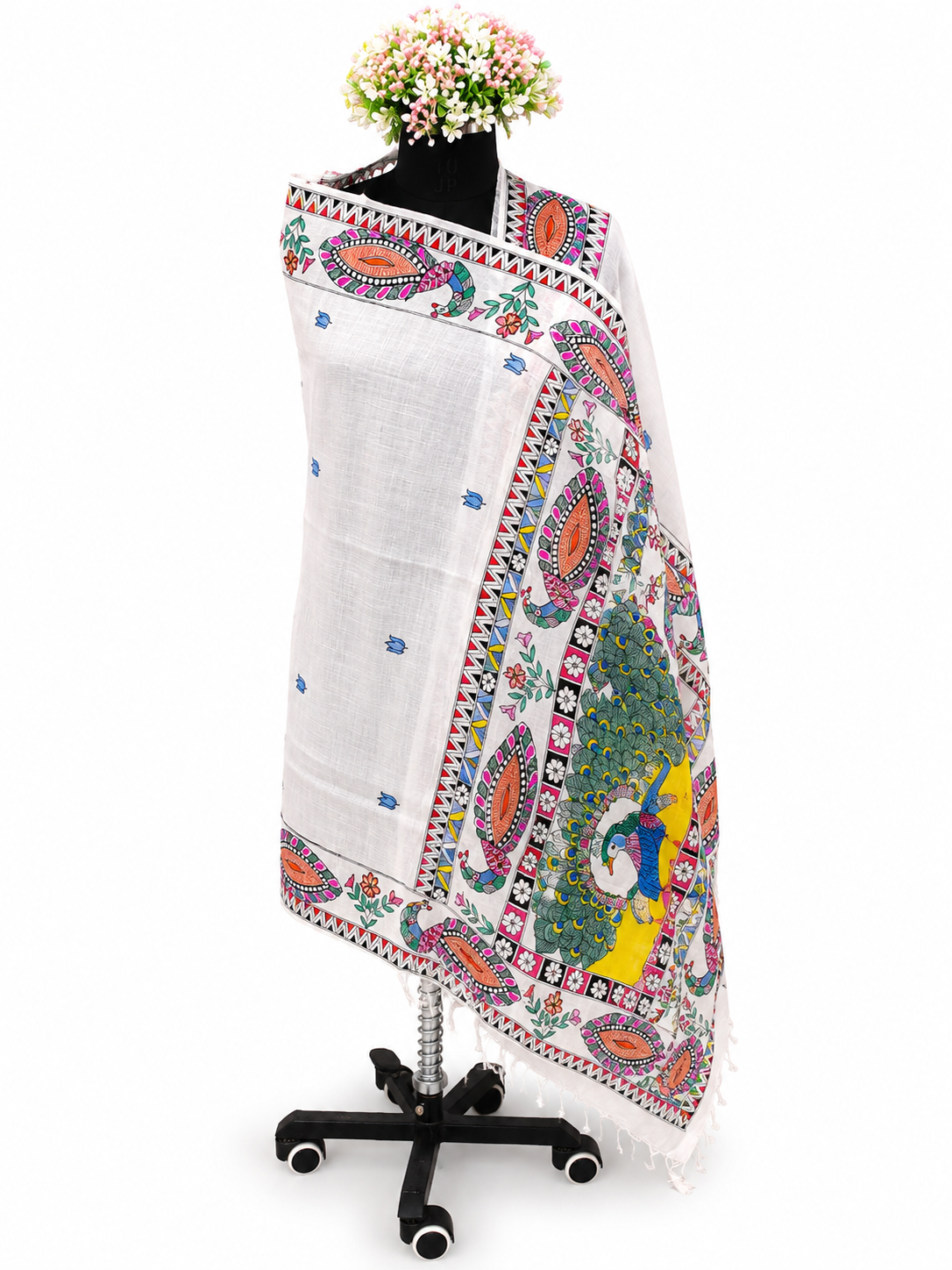 Hand-Painted Twin Peacock Madhubani Tussar Tussar Silk Dupatta
