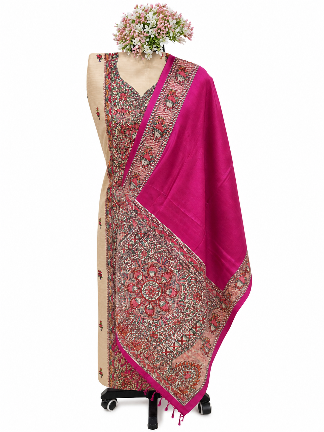Hand Painted Madhubani Tussar Munga Silk Suit Set with Boutique Work, Traditional Mithila Panel Art and Pink Fish-Inspired Illustrations Dupatta