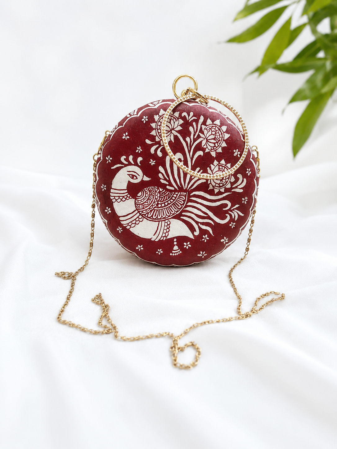 Hand-painted Madhubani Peacock & Dancing Doll Round Clutch Bag